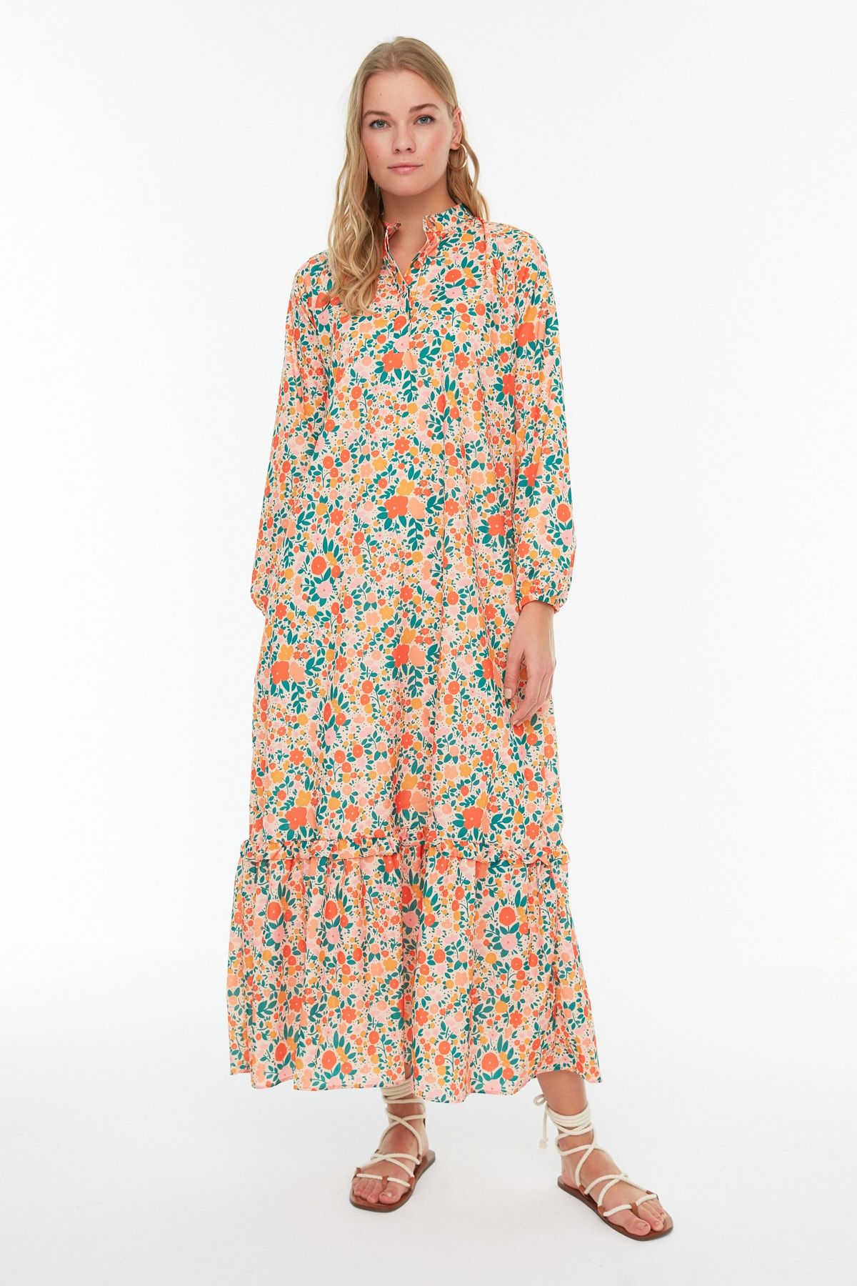 Trendyol Modest-Pomarańczowa kwiecista spódnica z półplisą i falbanką Tkana sukienka TCTSS21EL3353 7