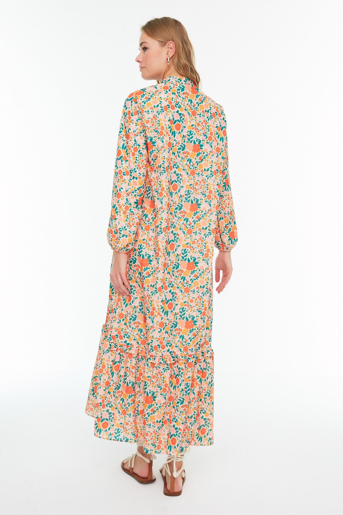Trendyol Modest-Pomarańczowa kwiecista spódnica z półplisą i falbanką Tkana sukienka TCTSS21EL3353 8