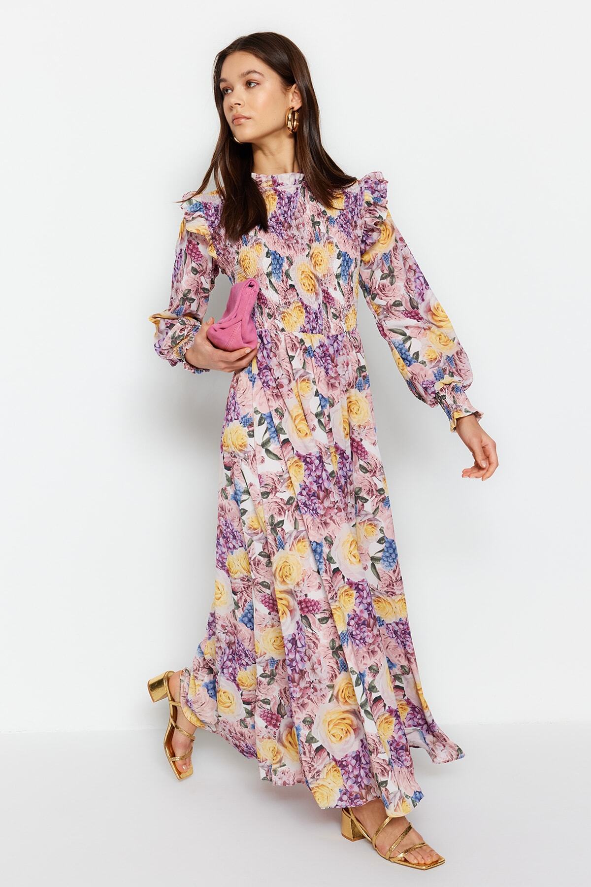Trendyol Modest-Wielobarwna, szczegółowa tkana sukienka z szyfonową podszewką i falbanami TCTSS23EB00142 2