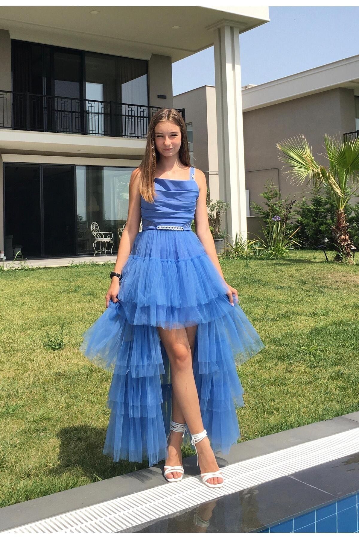 Blue high low tulle cheap skirt