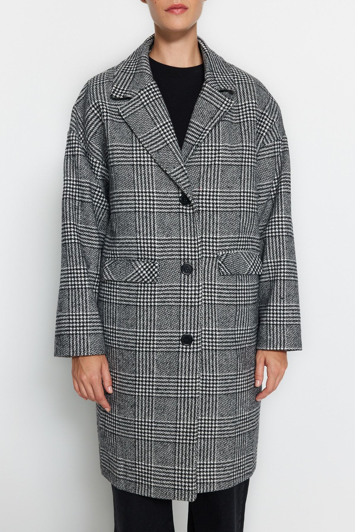 Trendyol Collection-Czarny, oversize'owy, szeroki płaszcz w kratę, długi, wzorzysty płaszcz TWOAW24KB00090 4