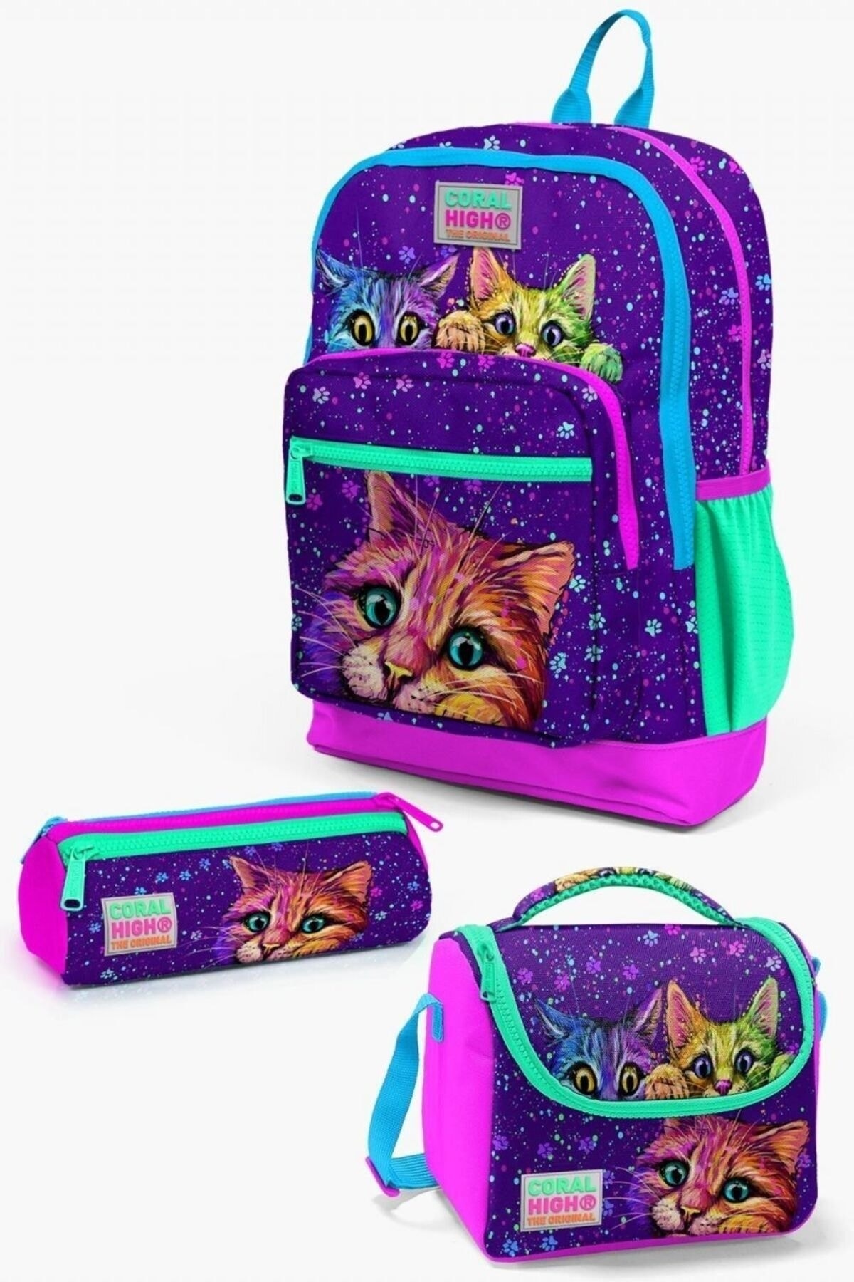 Kids Purple Pink Cat Pattern 3-Piece School Bag Set