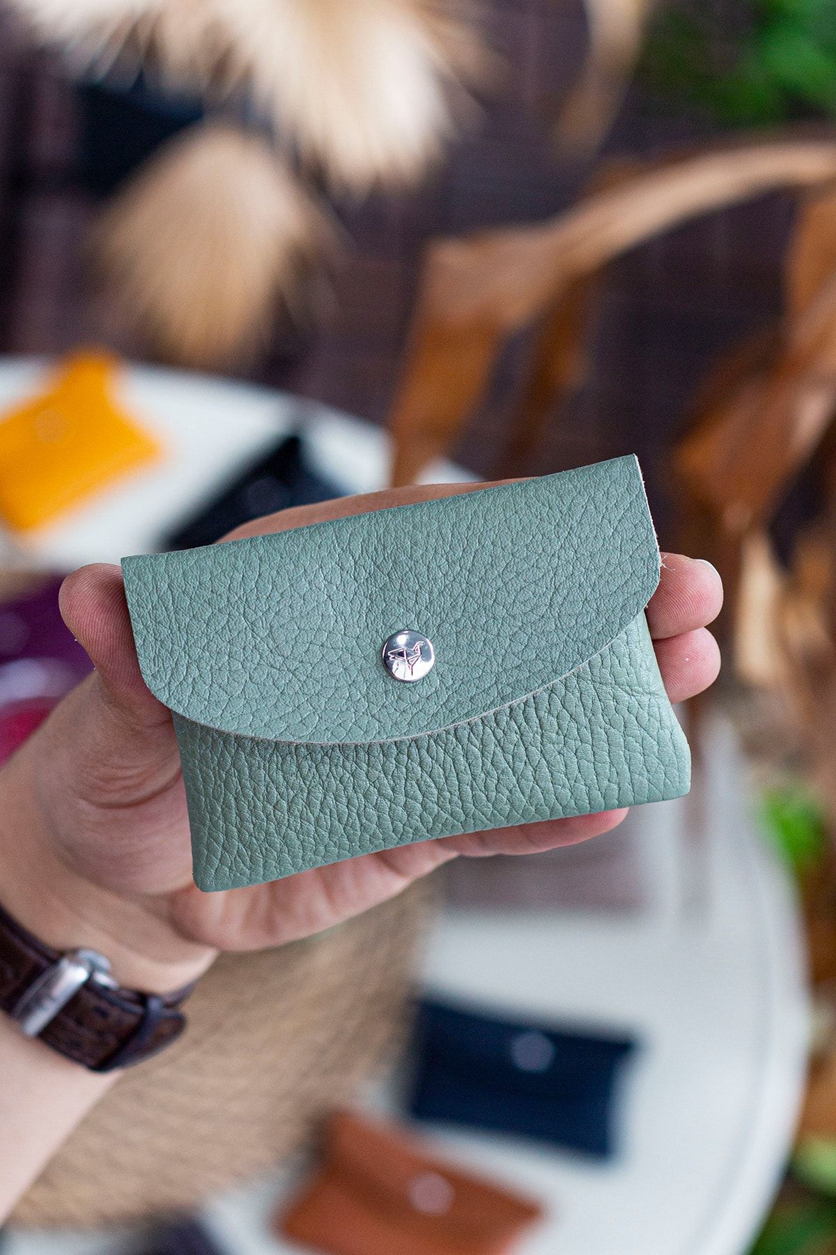 Green leather shop coin purse