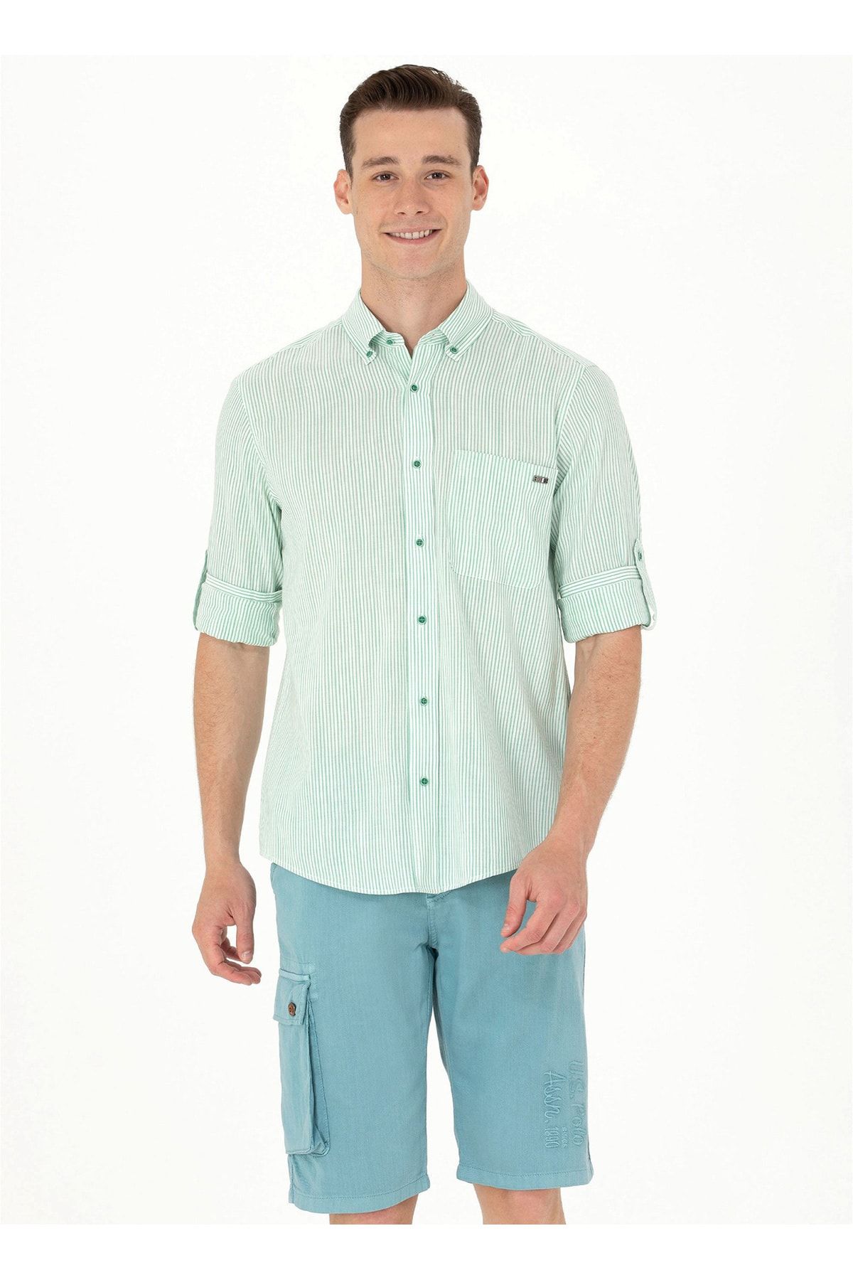 BASE. پولو اسن. پیراهن مردانه یقه دکمه ای Comfort Fit سبز رنگ NAMAU U.S. Polo Assn.