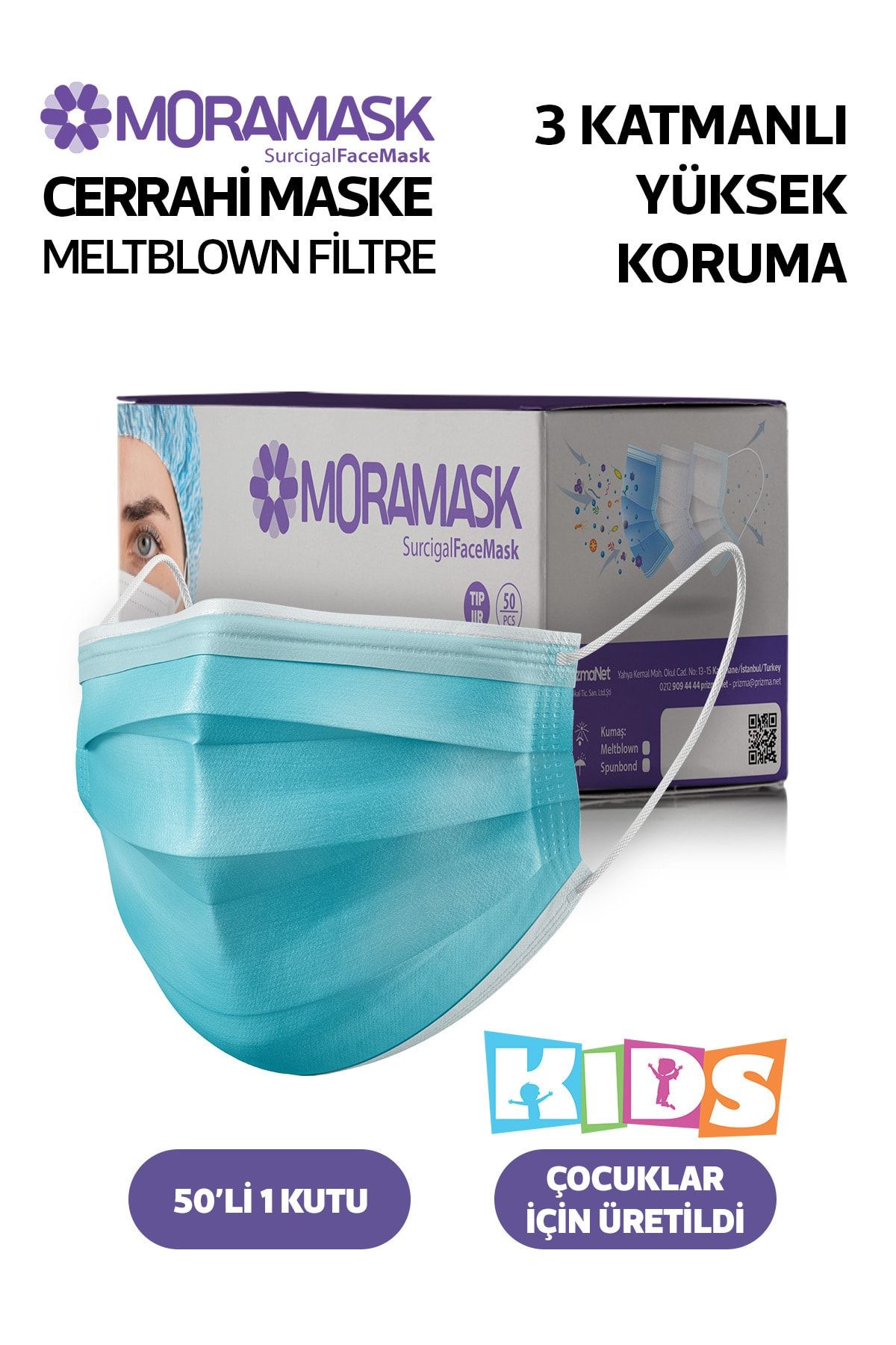 moramask Meltblown Mavi Çocuk Maskesi Cerrahi Maske 50 Adet - Telli