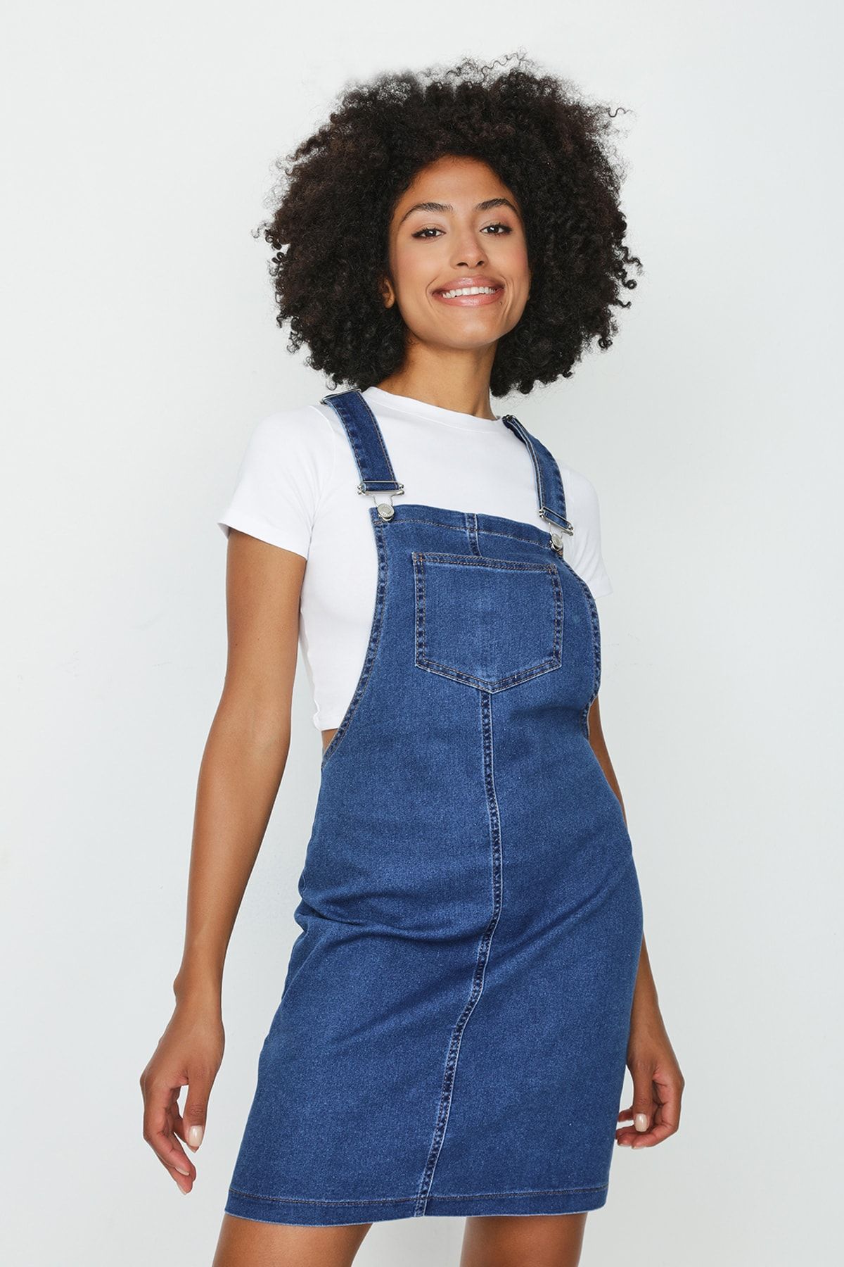 Select Moda-Rochie Salopet de damă cu bretele albastre din denim 4