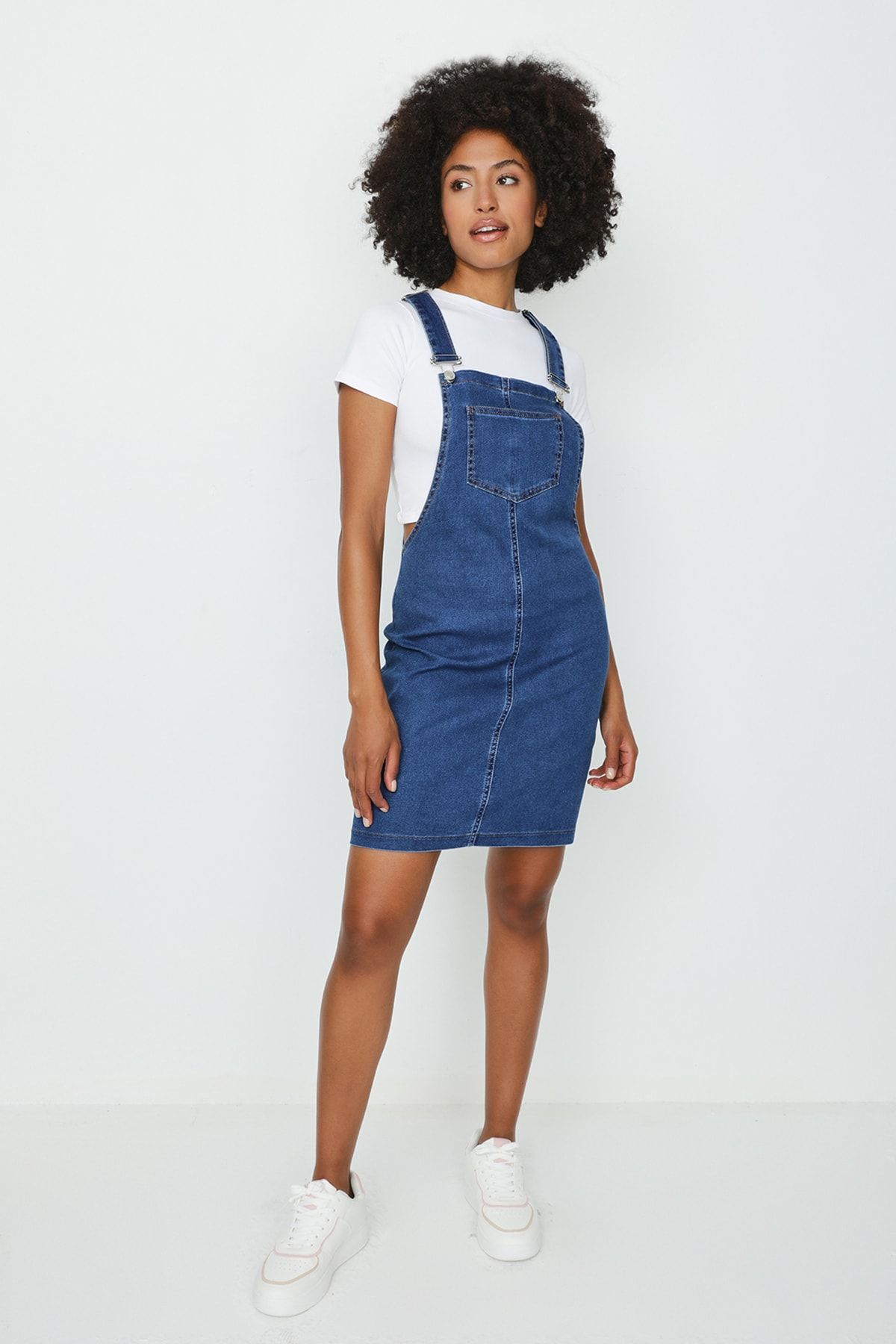 Select Moda-Rochie Salopet de damă cu bretele albastre din denim 5