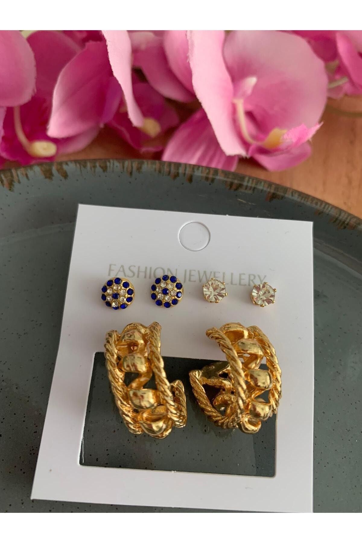 Pelin Aksesuar Vintage Stud Hoop with Evil Eye Bead Set of 6