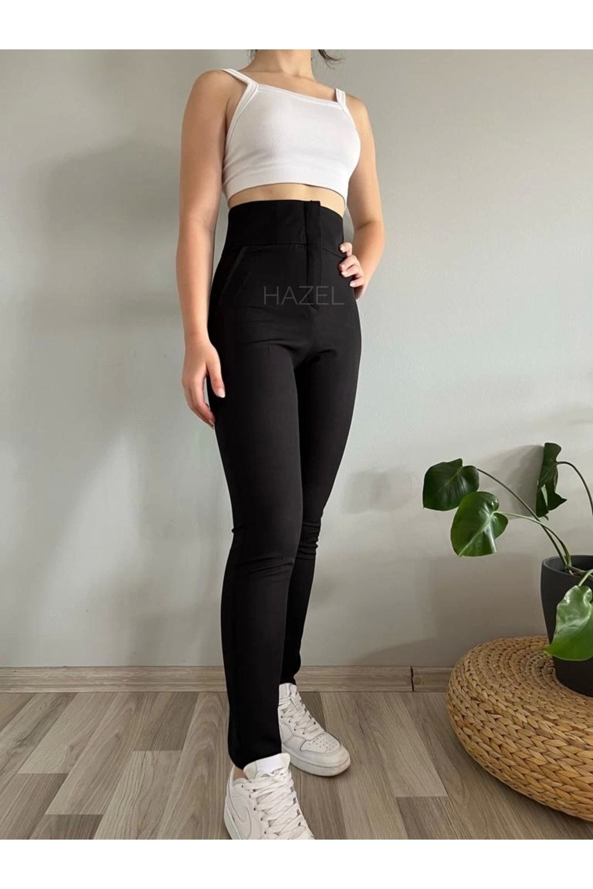 High waisted black slim trousers clearance