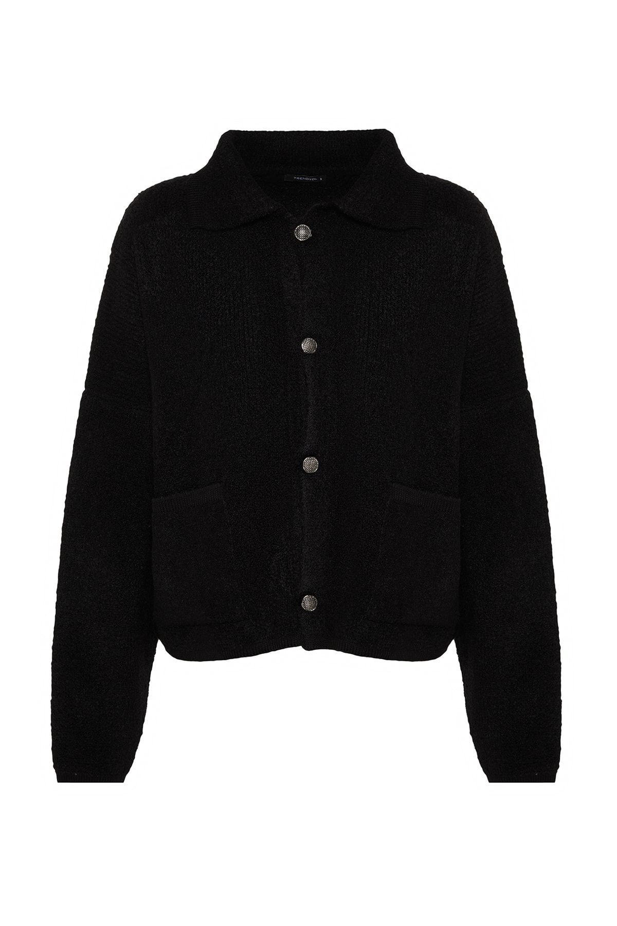 Trendyol Collection-Strickjacke mit Polokragen und Boucle – Super Wide Fit, Schwarz, TWOAW24HI00177 6