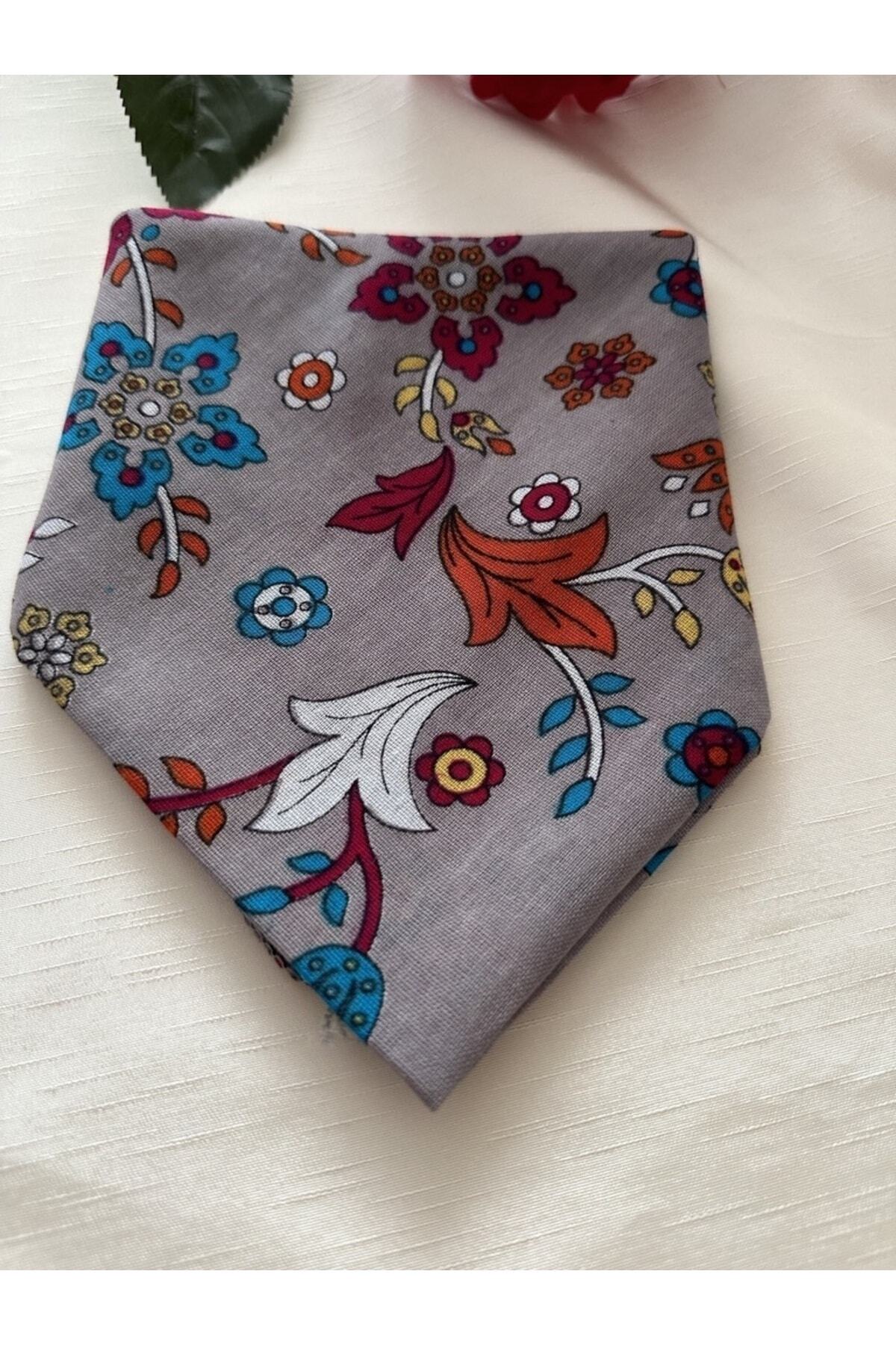 Gri ve turuncu renk ikili çiçek desenli %100 koton bandana 2