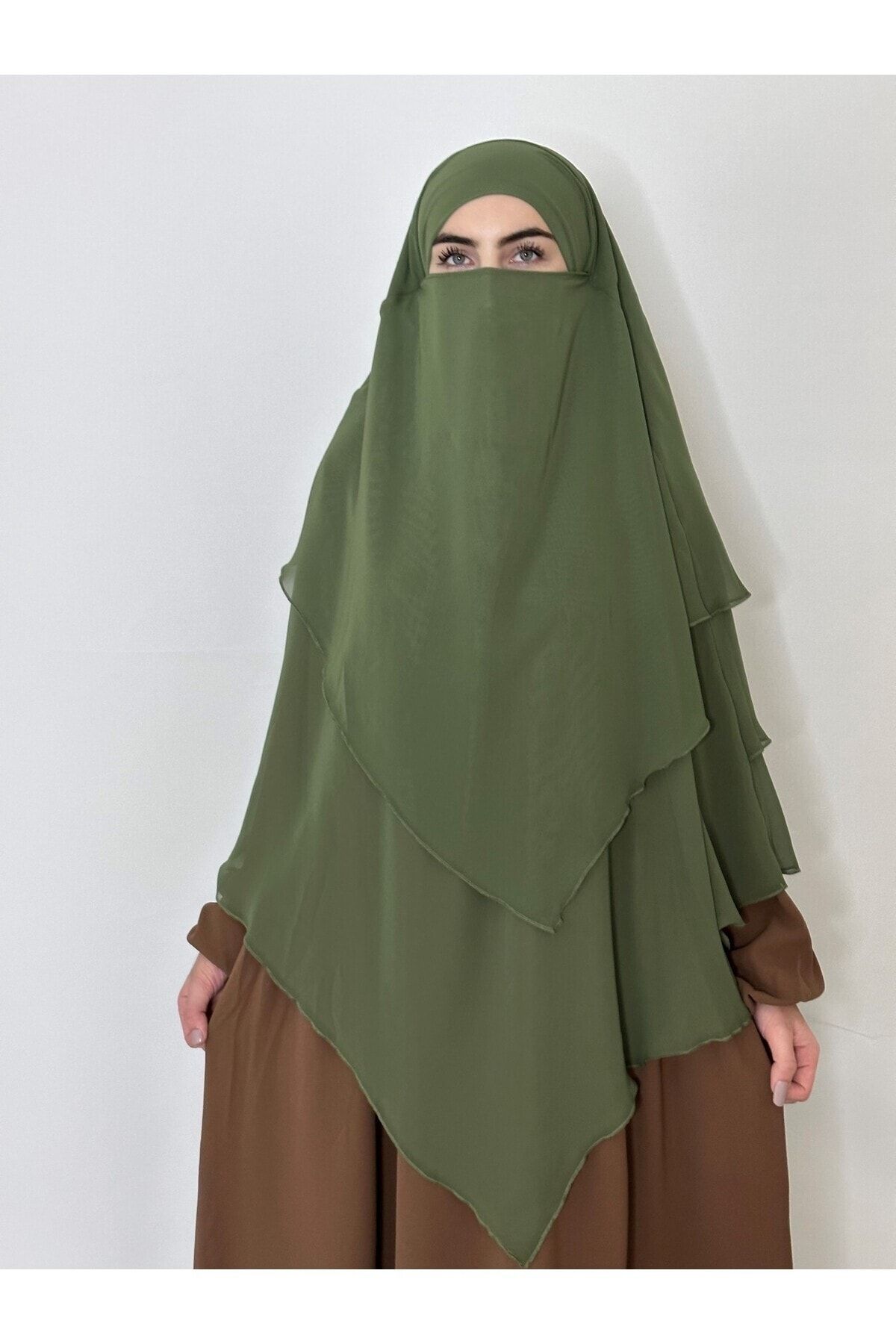 R&S modibone-Mint Green Chiffon Souffle Khimar - Three Layers, with Veil, 4 Strings 6