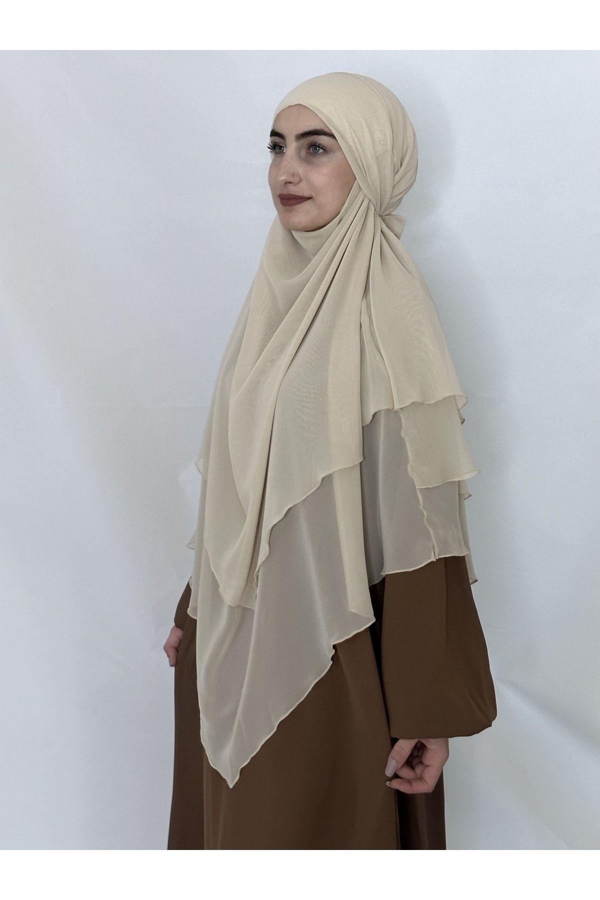 R&S modibone-Three Layers Ready Made Veil Souffle Khimar Chiffon scarf 4 string cream 6