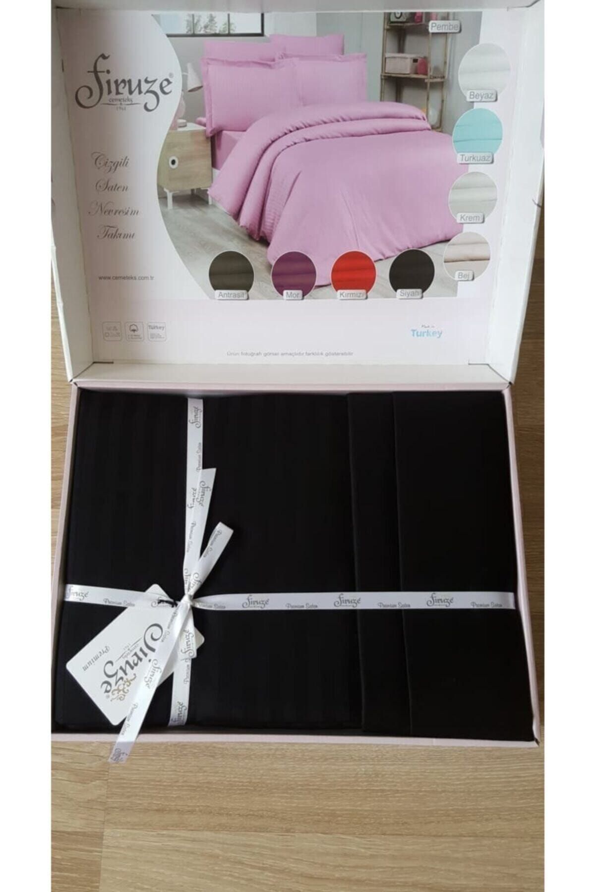 Firuze-Set cuvertură de pilota din satin de bumbac cu dungi Negru 2