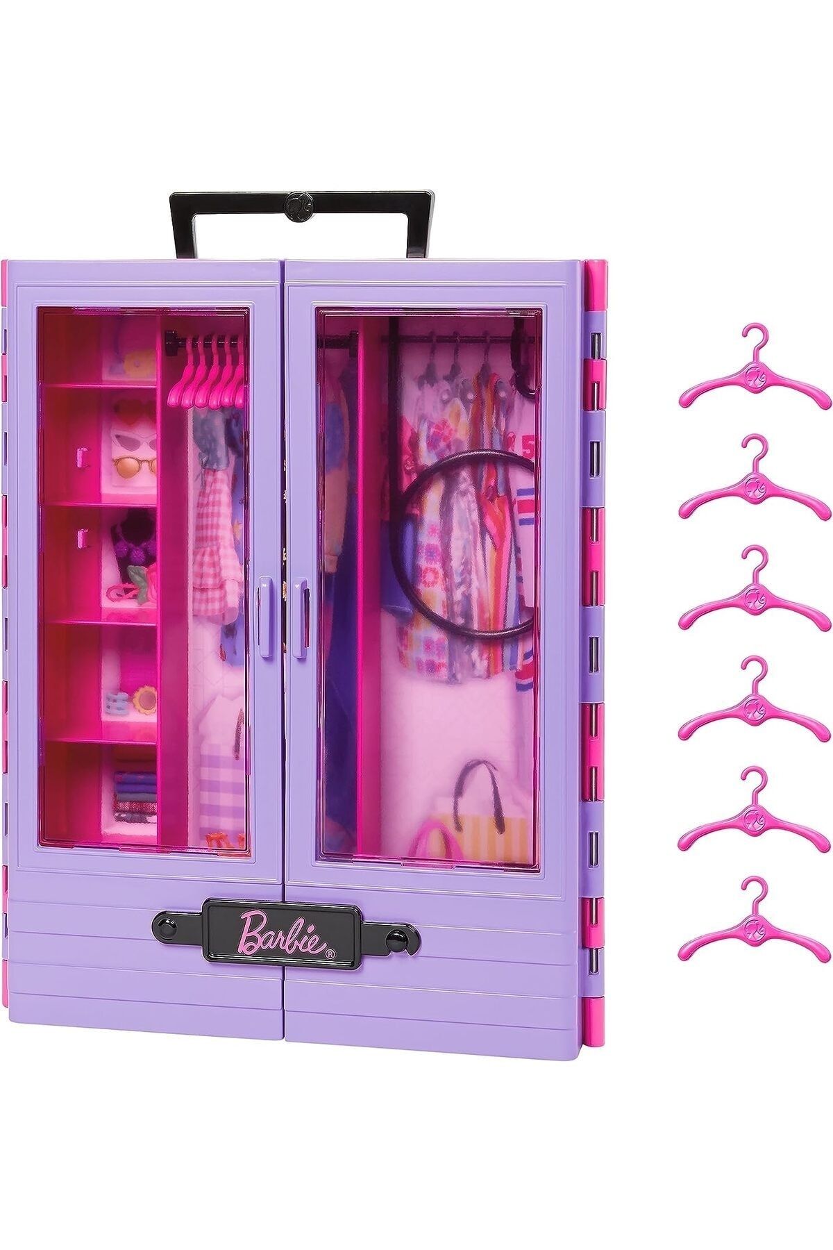 Barbie-Nin New Pink Wardrobe, Transparent Doors, Storage Spaces, Folding Shelf and 6 Hangers, 3 1