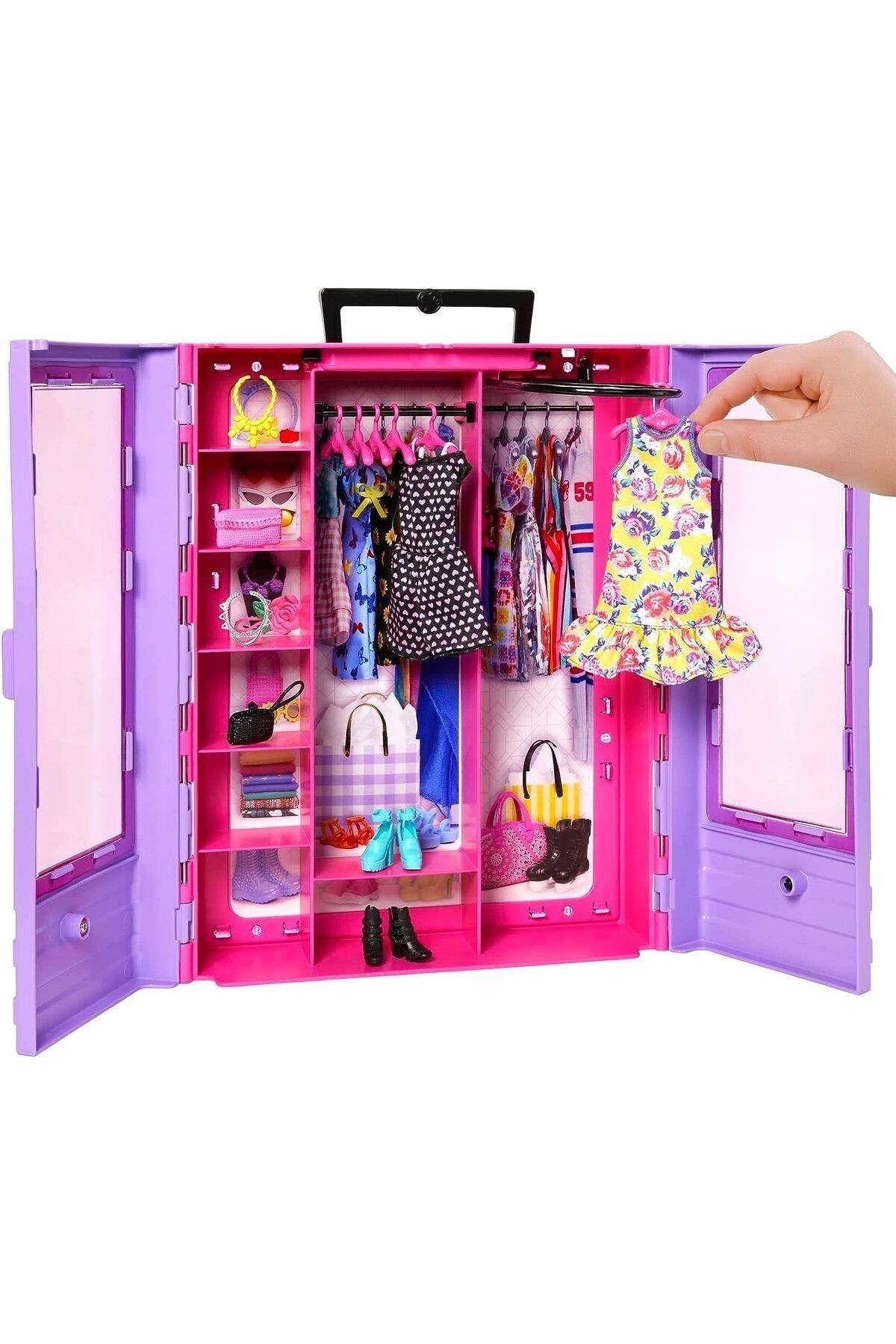 Barbie-Nin New Pink Wardrobe, Transparent Doors, Storage Spaces, Folding Shelf and 6 Hangers, 3 2