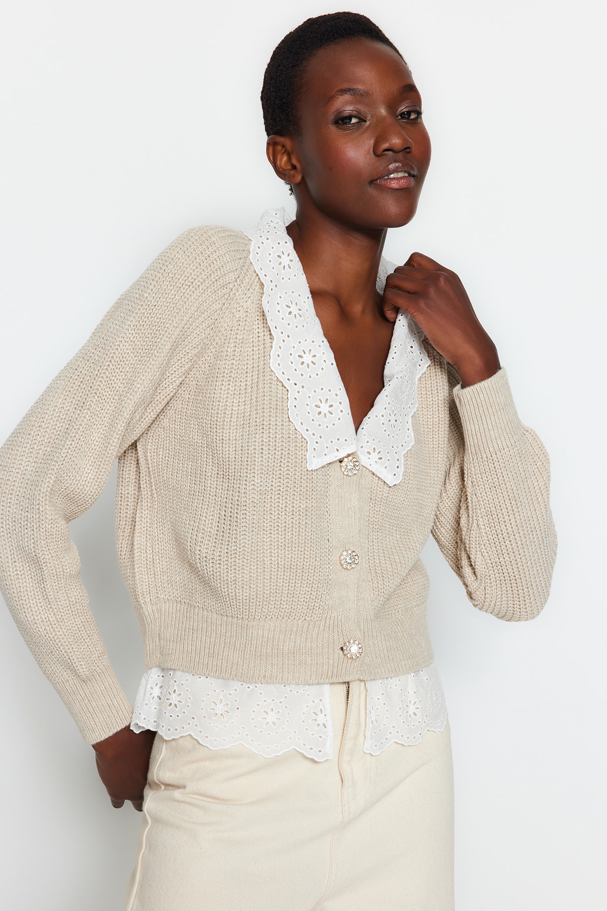 Trendyol Collection Stone Crop ingek Garnished Detail V-nyakú kötöttáru Kardigán TWOAW24HI00221