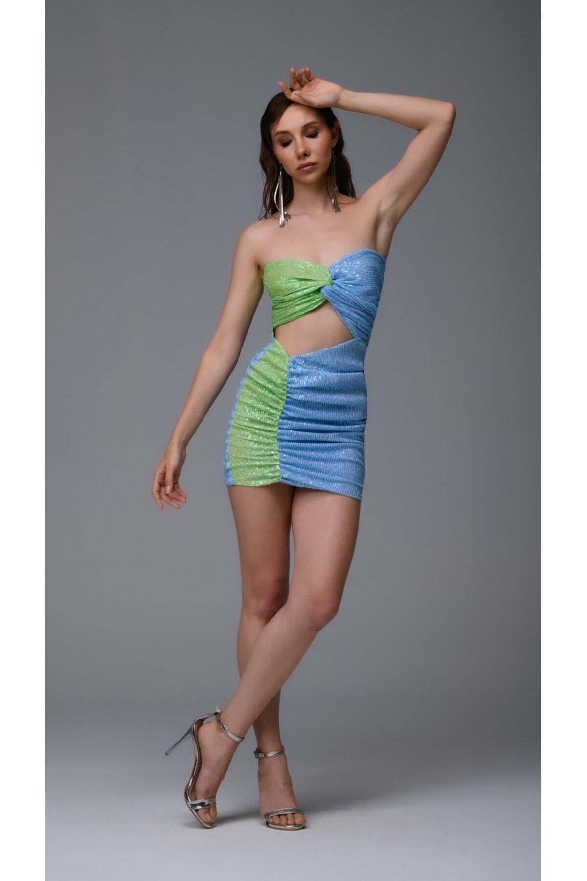 Gira official-Rochie fără bretele cu decupaj albastru verde 5