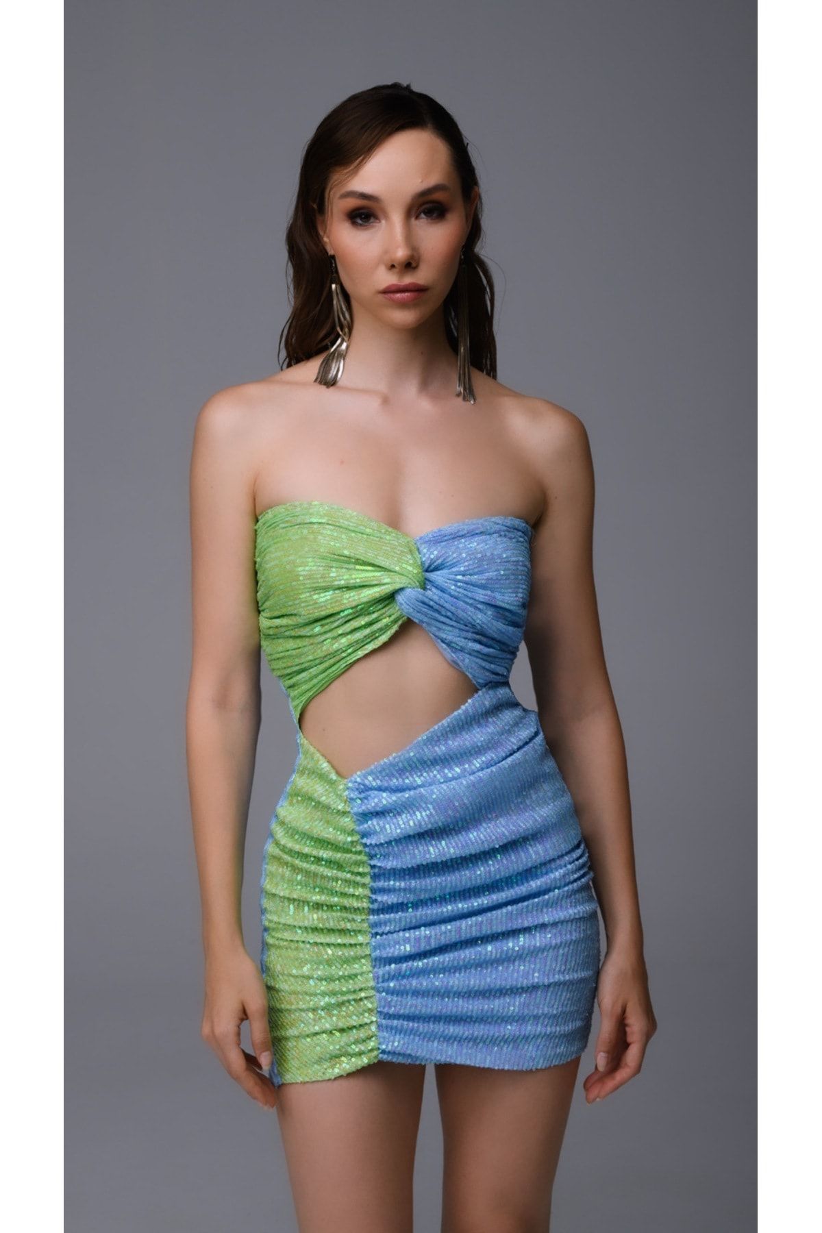 Gira official-Rochie fără bretele cu decupaj albastru verde 8