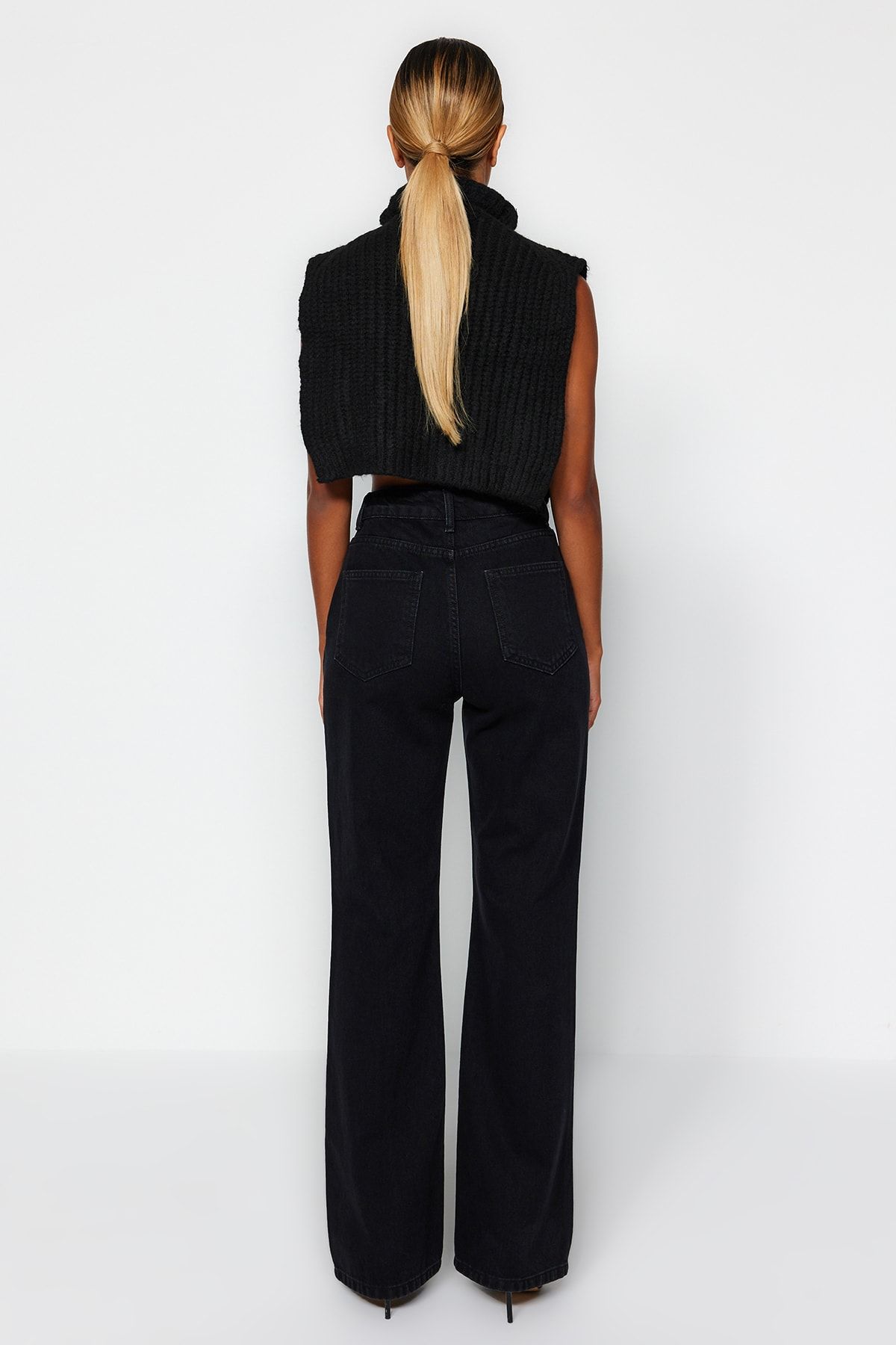 Trendyol Collection-Black Zipper Detailed High Waist Wide Leg Jeans TWOAW24JE00111 6