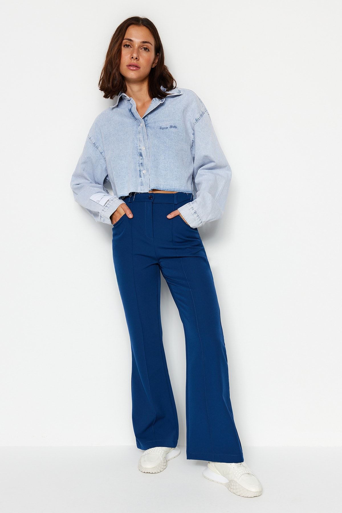Trendyol Collection Navy Blue Flare Flare Leg Woven Ribbed Trousers  TWOAW24PL00070 - Trendyol
