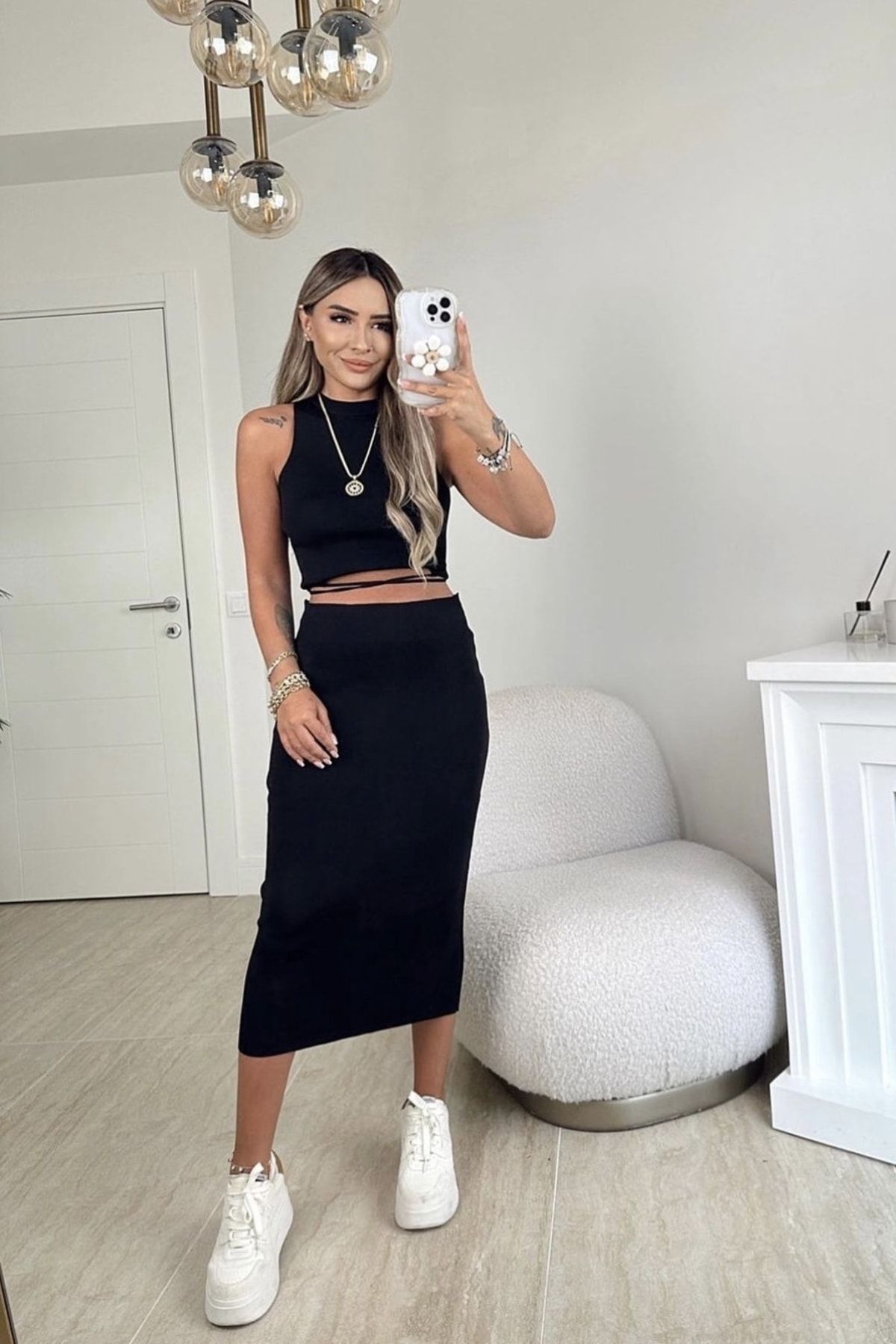 fiyou Women s Striped Tie Crop Blouse with Pencil Skirt 2 Piece