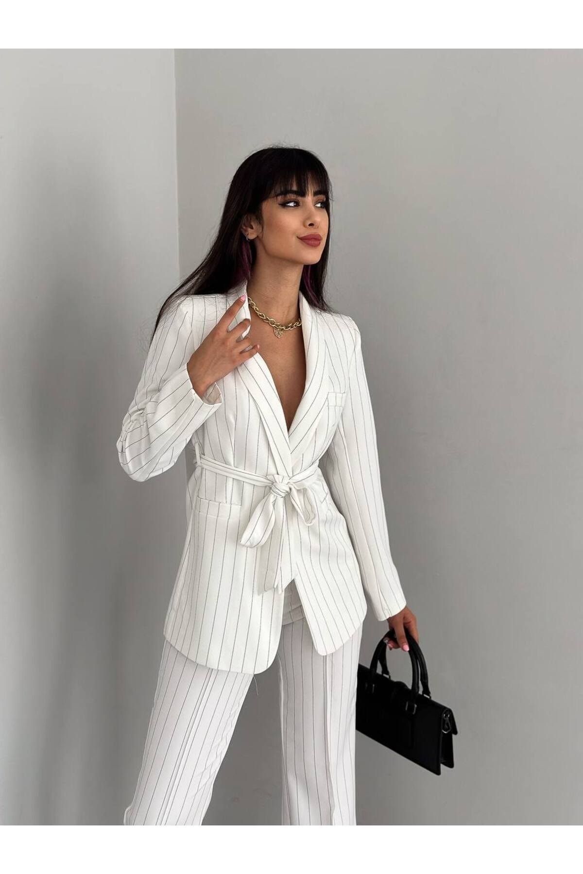 han fashion Wiązana W Paski Sztuczna Kieszeń Z Paskiem, Szalowym Kołnierzem, Marynarką, Marynarką, Elastycznymi Nogawkami Kobieta - 36