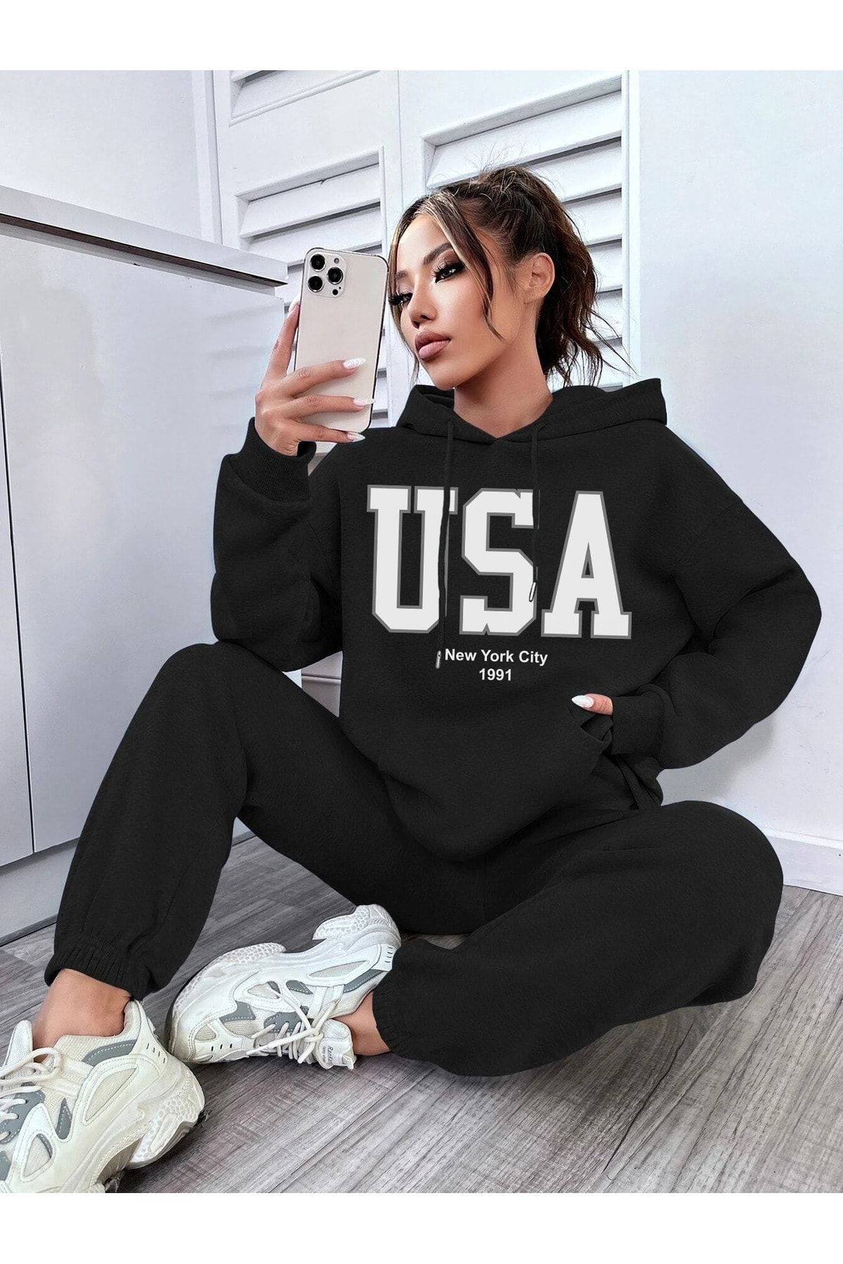 MODAR CH USA Hooded Combination Bottom Top Tracksuit Set Black