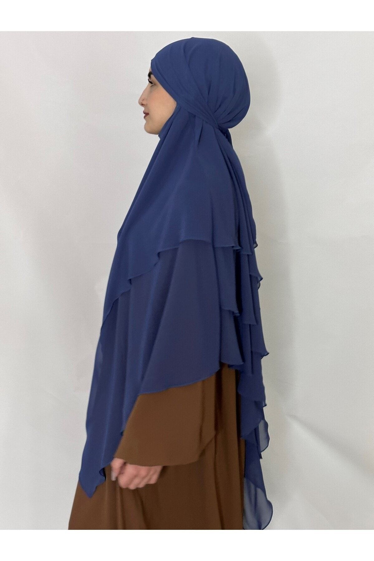 R&S modibone-Three Layers Ready Made Veil Souffle Khimar Chiffon scarf 4 strings indigo blue 3