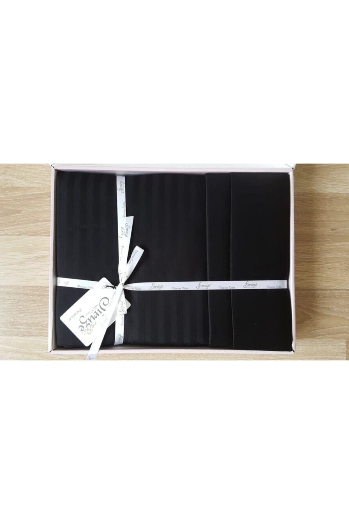 Firuze-Set cuvertură de pilota din satin de bumbac cu dungi Negru 3