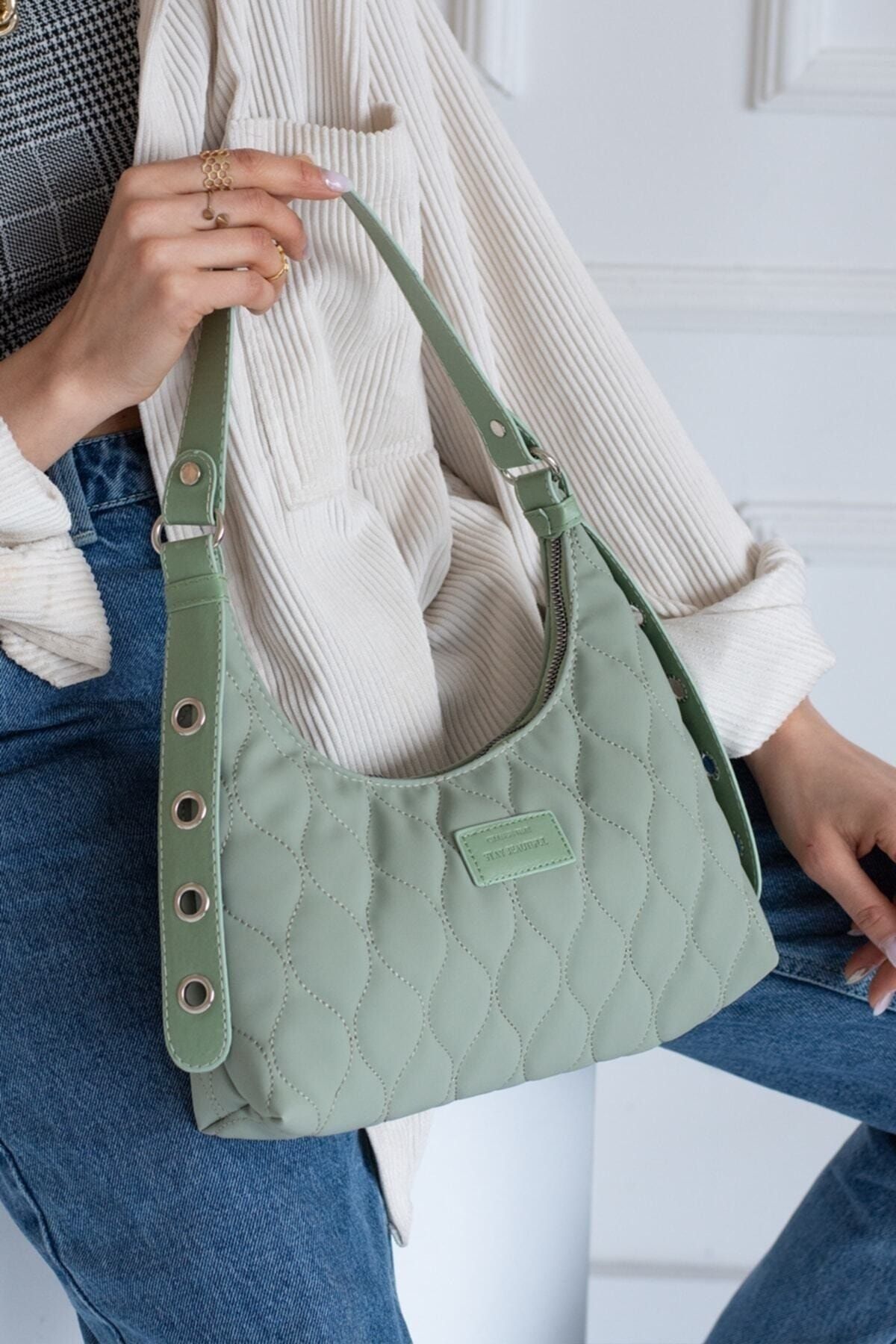 PEKMODA Women s Mint Green Quality Quilted Patterned Baguette Bag