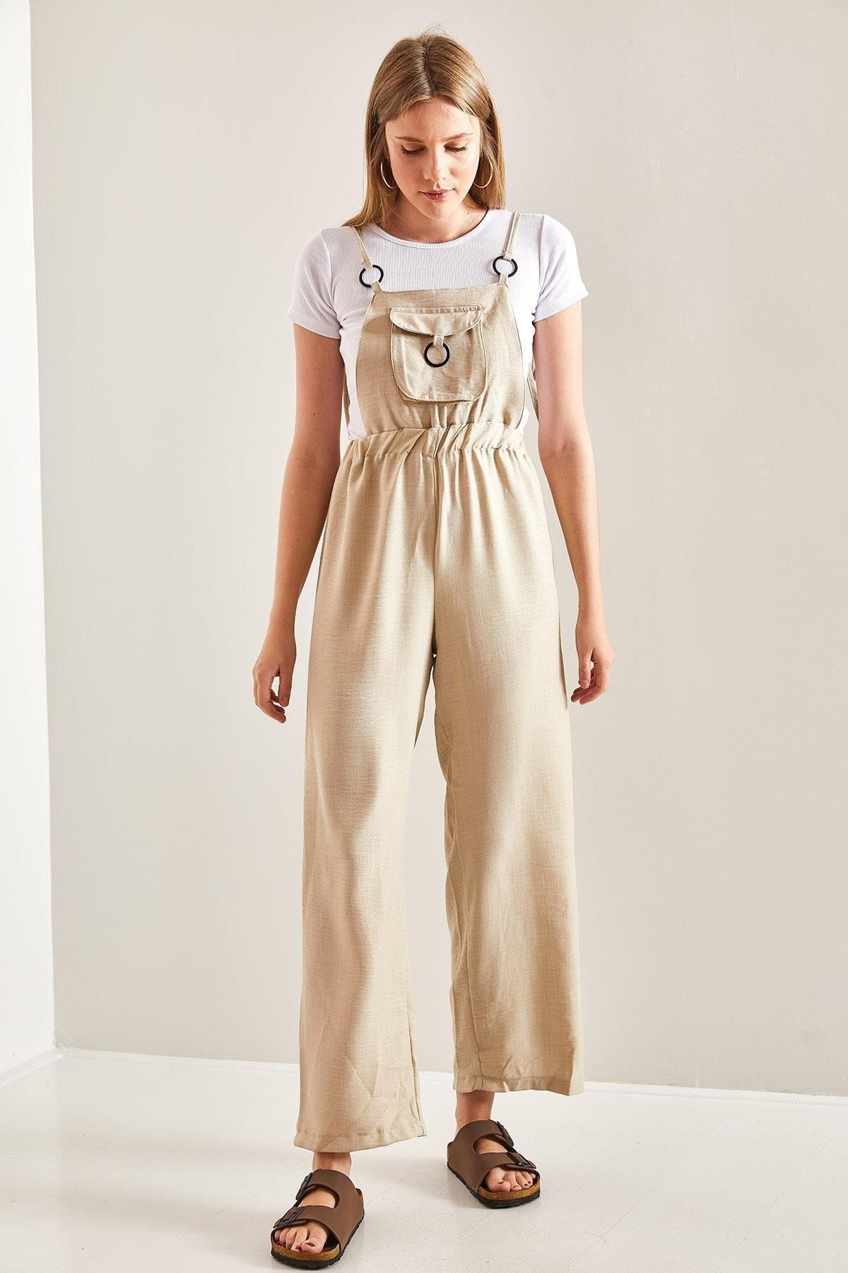 Beige linen overalls store