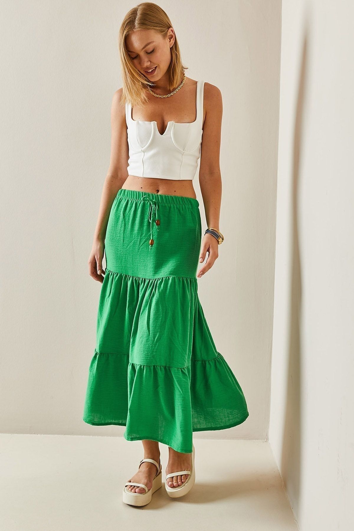 XHAN Green Flounce Maxi Skirt 3YXK7 47440 08 Trendyol