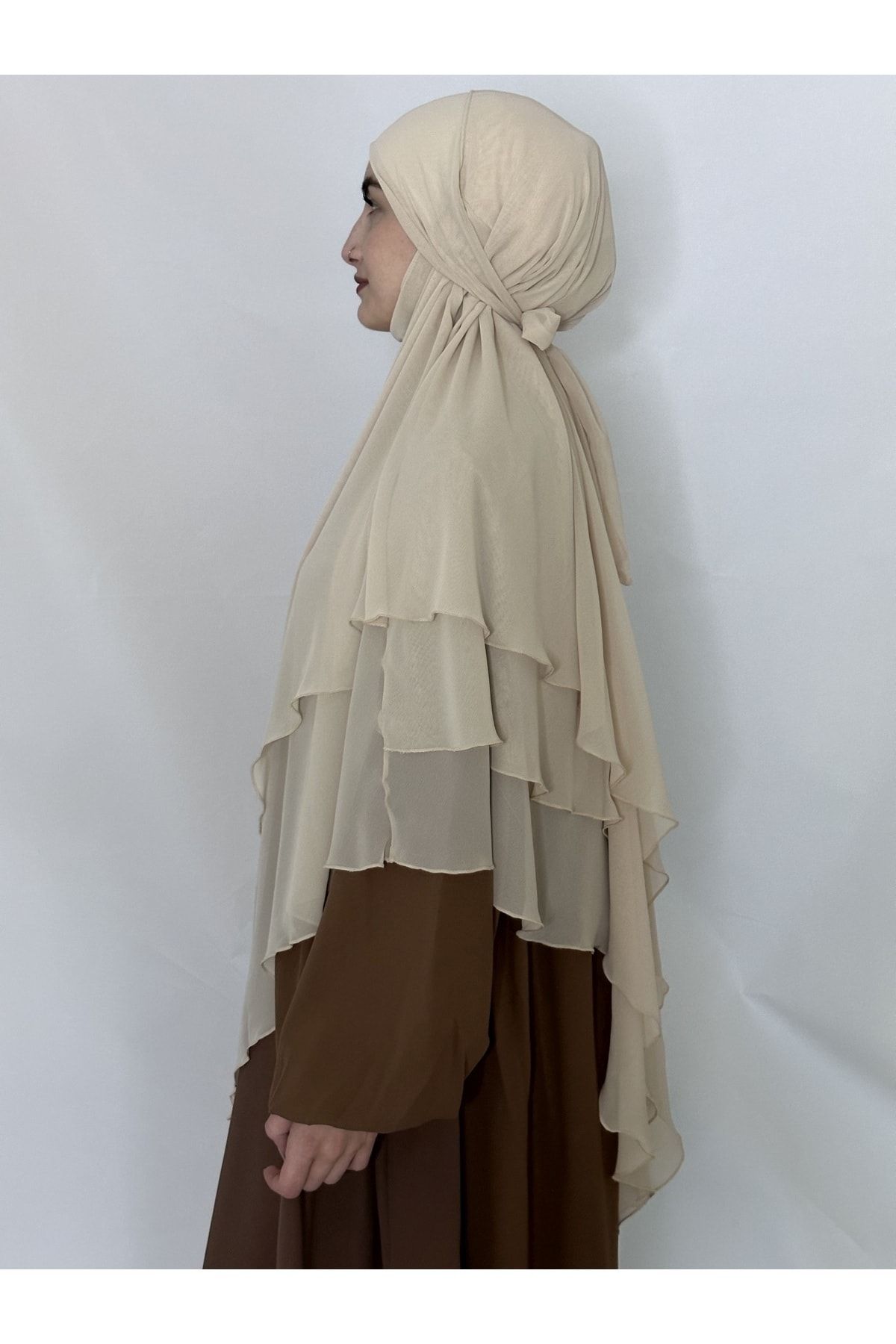 erasra class-Three Layers Ready Made Veil Souffle Khimar Chiffon scarf 4 string cream 7