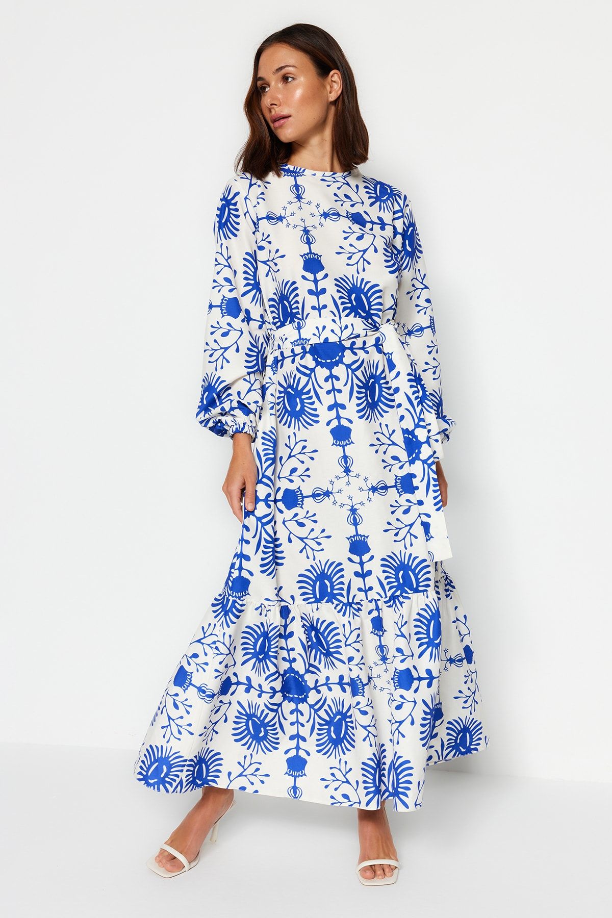Trendyol Modest Kék öves virágos szőtt ruha TCTAW24EB00113