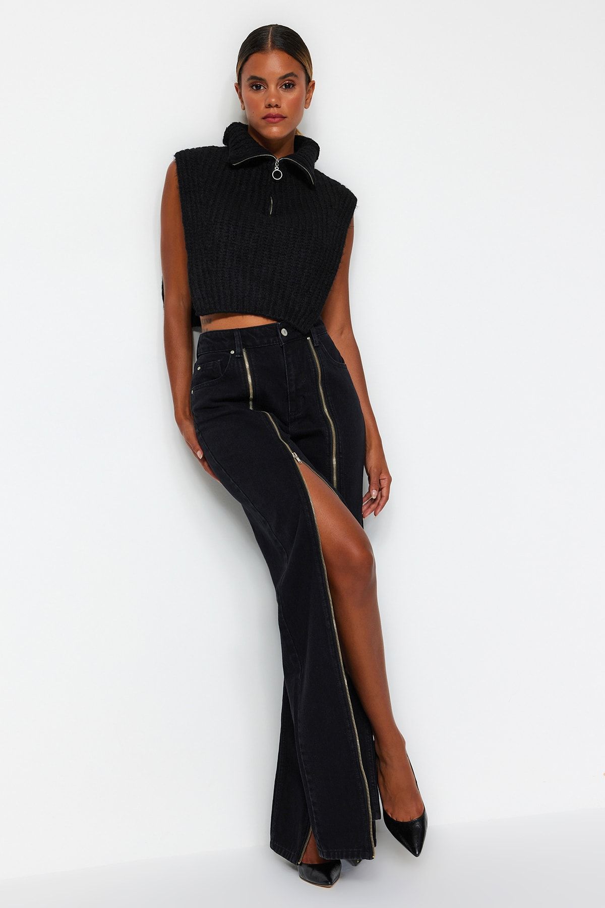 Trendyol Collection-Black Zipper Detailed High Waist Wide Leg Jeans TWOAW24JE00111 2
