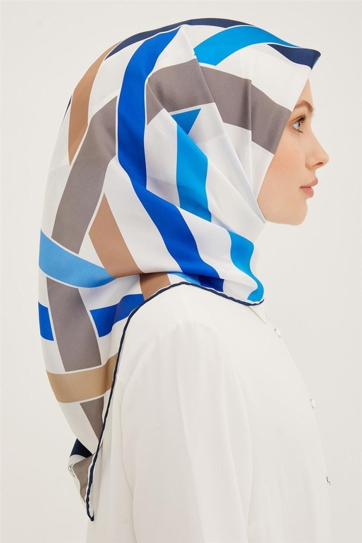 Armine Sura Silk Scarf Blue White Navy Blue Trendyol