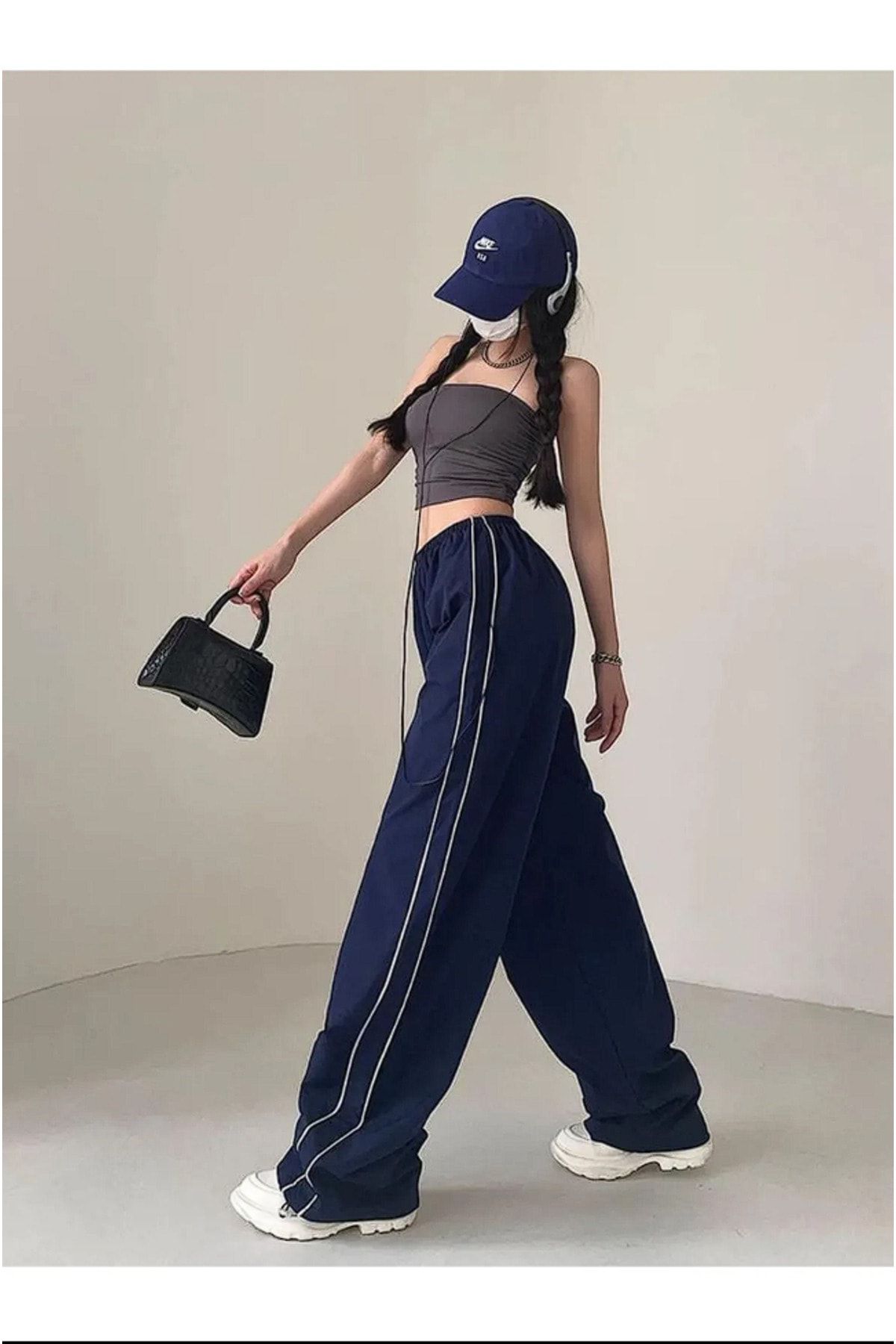 Gofeel Parachute Fabric Double Line Detail Navy Blue Sweatpants