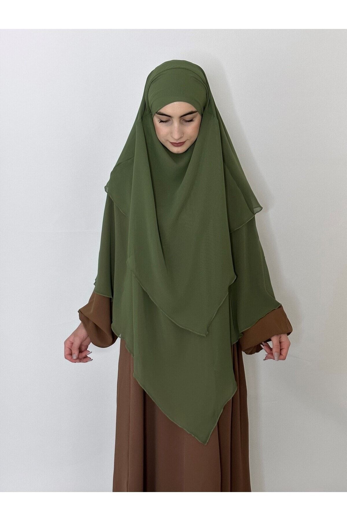 R&S modibone-Mint Green Chiffon Souffle Khimar - Three Layers, with Veil, 4 Strings 3