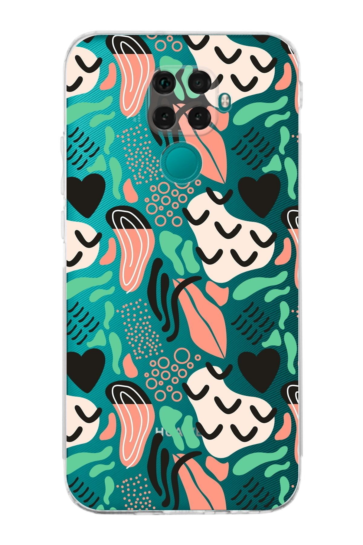 Huawei Mate 30 Lite Uyumlu Kamera Korumalı Kapak Memphis Desen Tasarımlı Şeffaf Kılıf