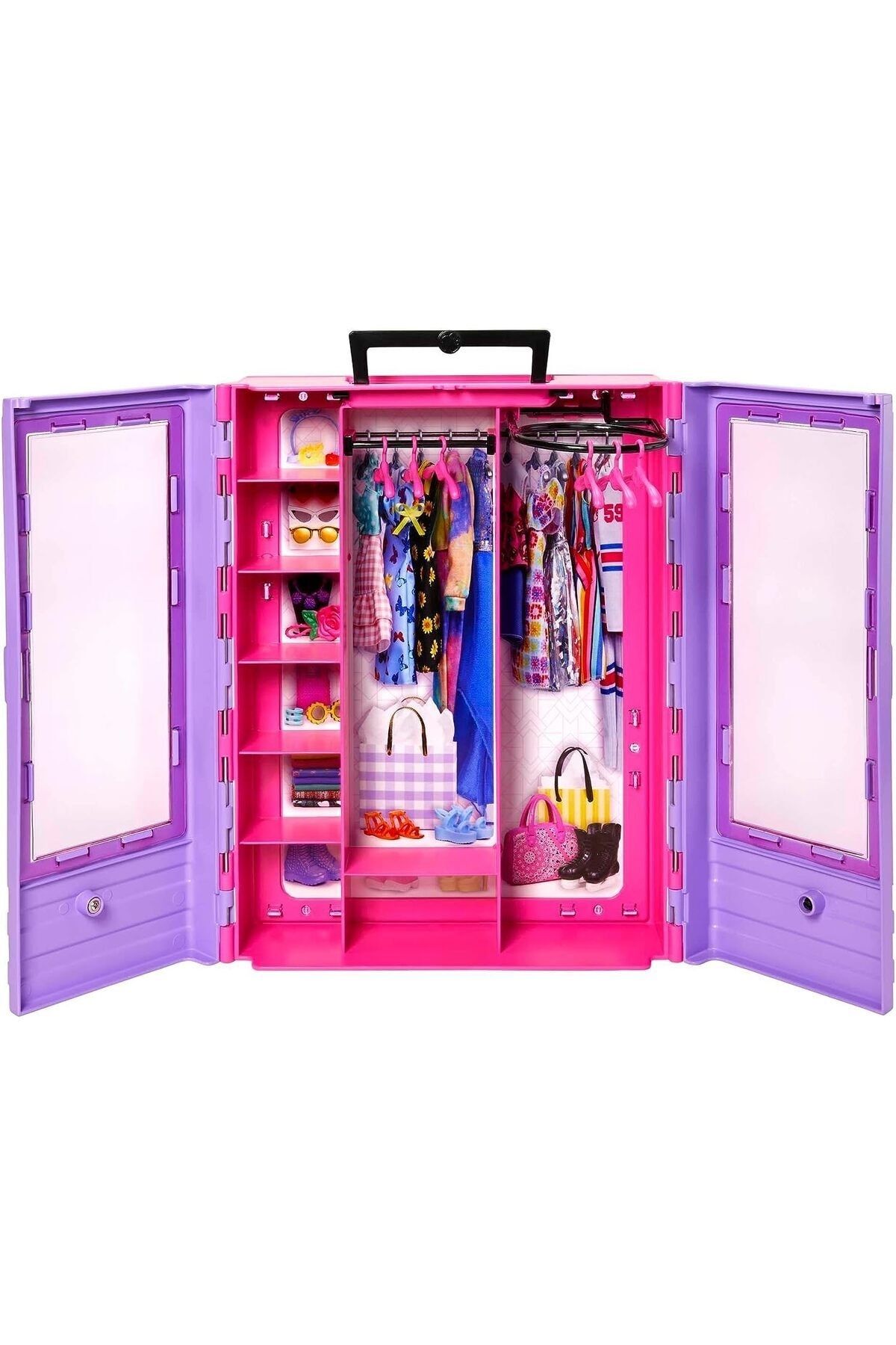 Barbie-Nin New Pink Wardrobe, Transparent Doors, Storage Spaces, Folding Shelf and 6 Hangers, 3 3