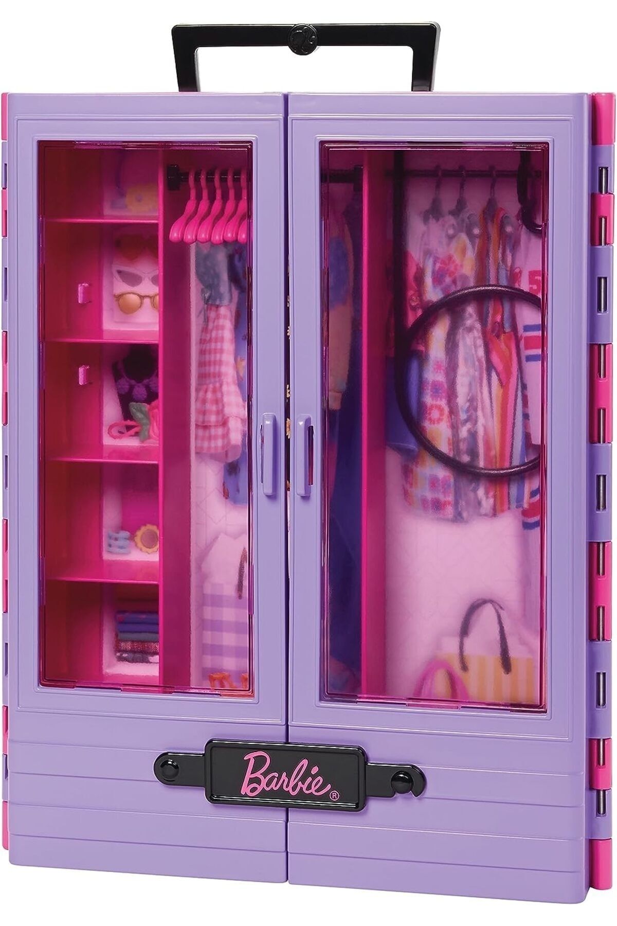 Barbie-Nin New Pink Wardrobe, Transparent Doors, Storage Spaces, Folding Shelf and 6 Hangers, 3 4