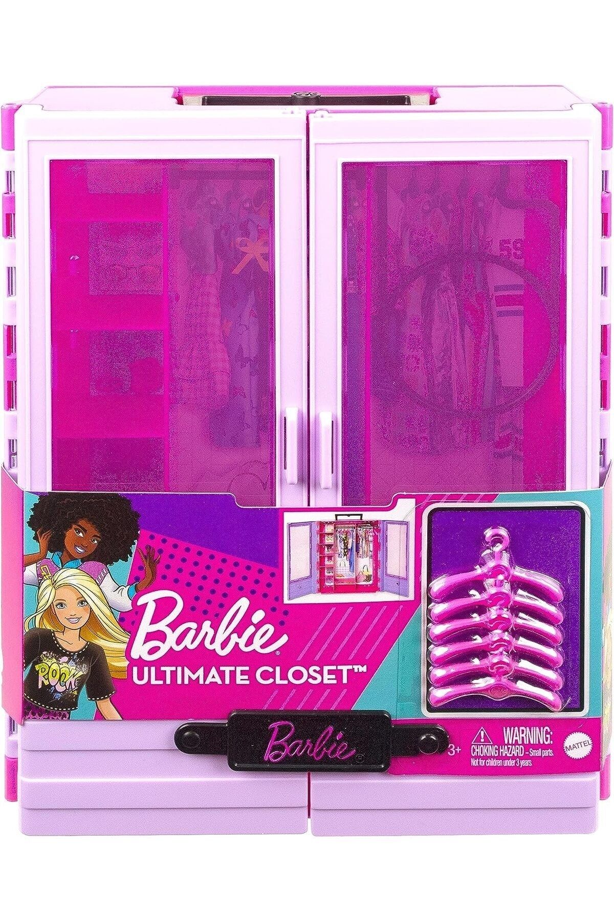 Barbie-Nin New Pink Wardrobe, Transparent Doors, Storage Spaces, Folding Shelf and 6 Hangers, 3 6