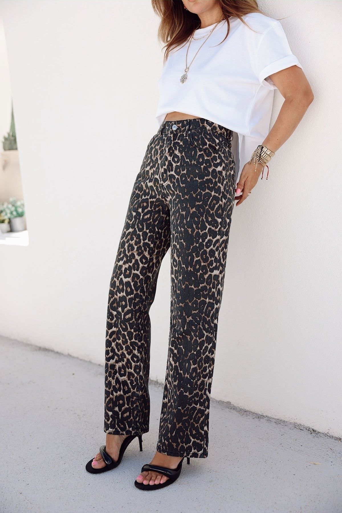Leopar Desen Düz Kesim Jean