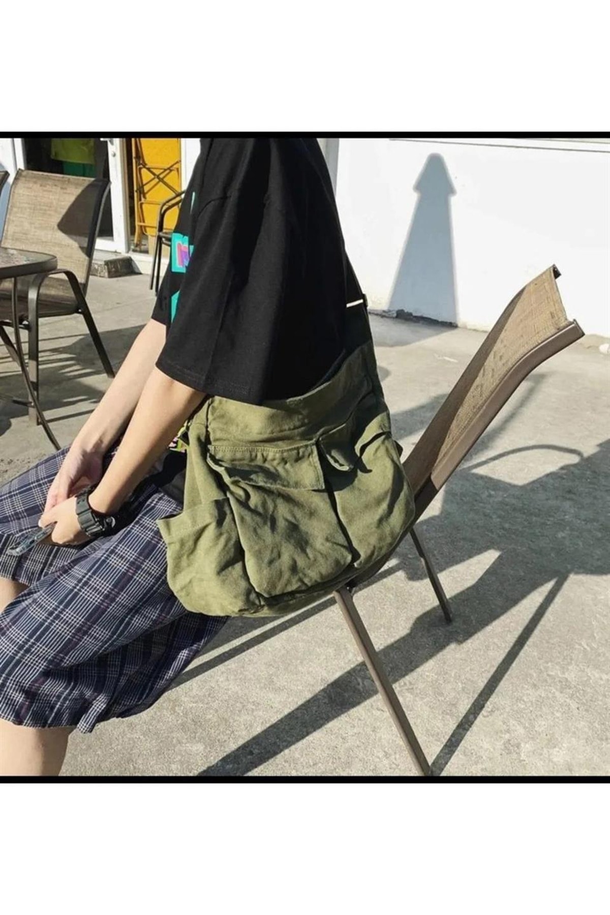 Gofeel Harajuku Vintage Unisex Kargo Cep İç Hacmi Geniş Postacı Çanta görsel 3