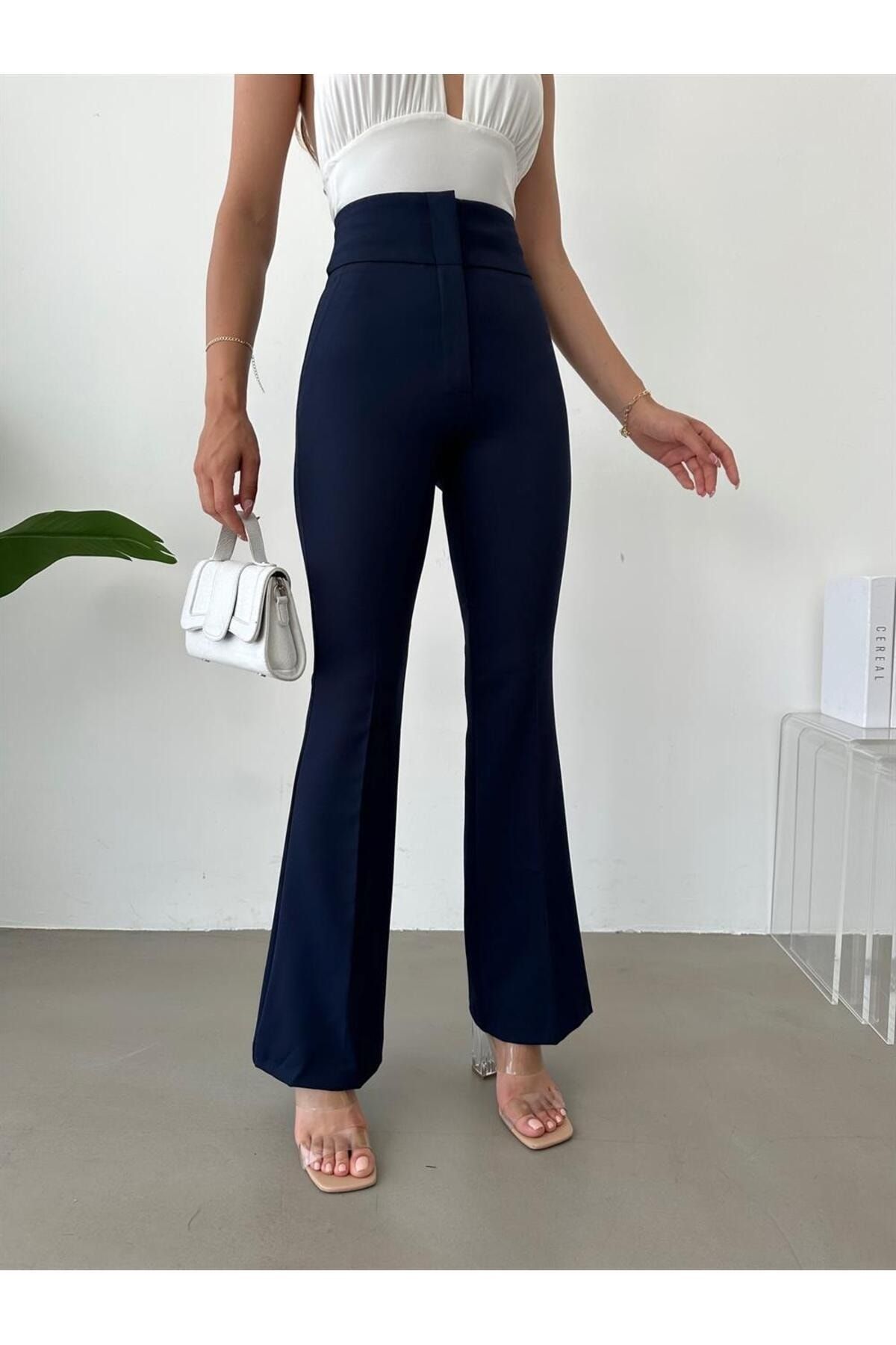FLARED TROUSERS - Navy blue