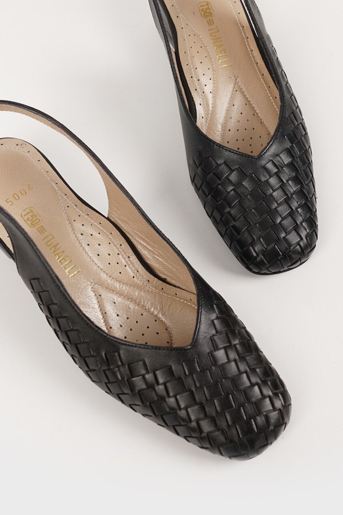 TUNAELLİ کفش های چرمی واقعی بافته سیاه با پاشنه بلند ، اندازه 35-41-42