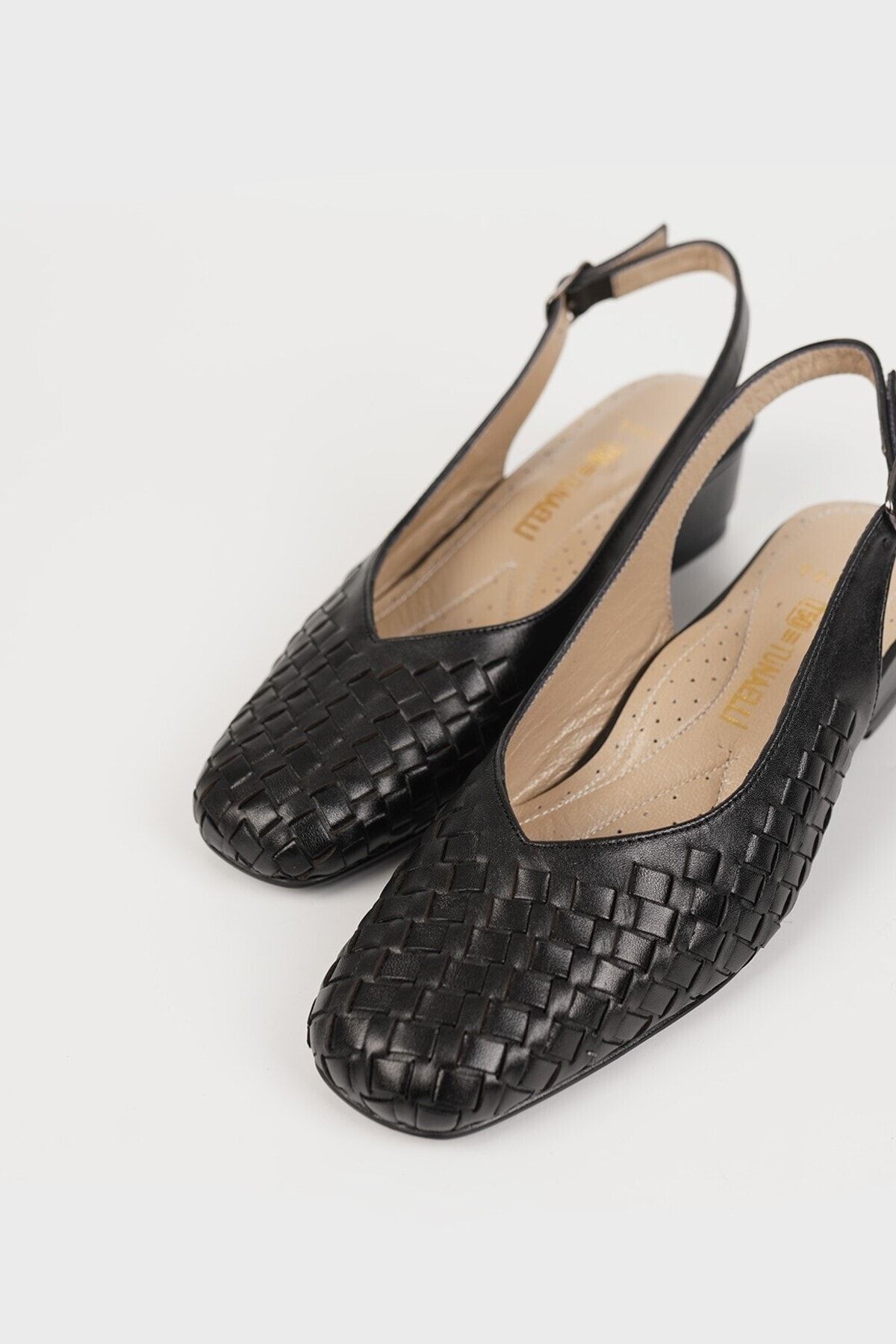 TUNAELLİ کفش های چرمی واقعی بافته سیاه با پاشنه بلند ، اندازه 35-41-42