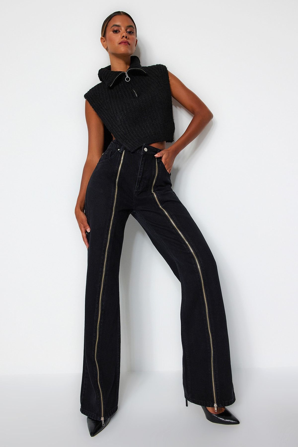 Trendyol Collection-Black Zipper Detailed High Waist Wide Leg Jeans TWOAW24JE00111 3