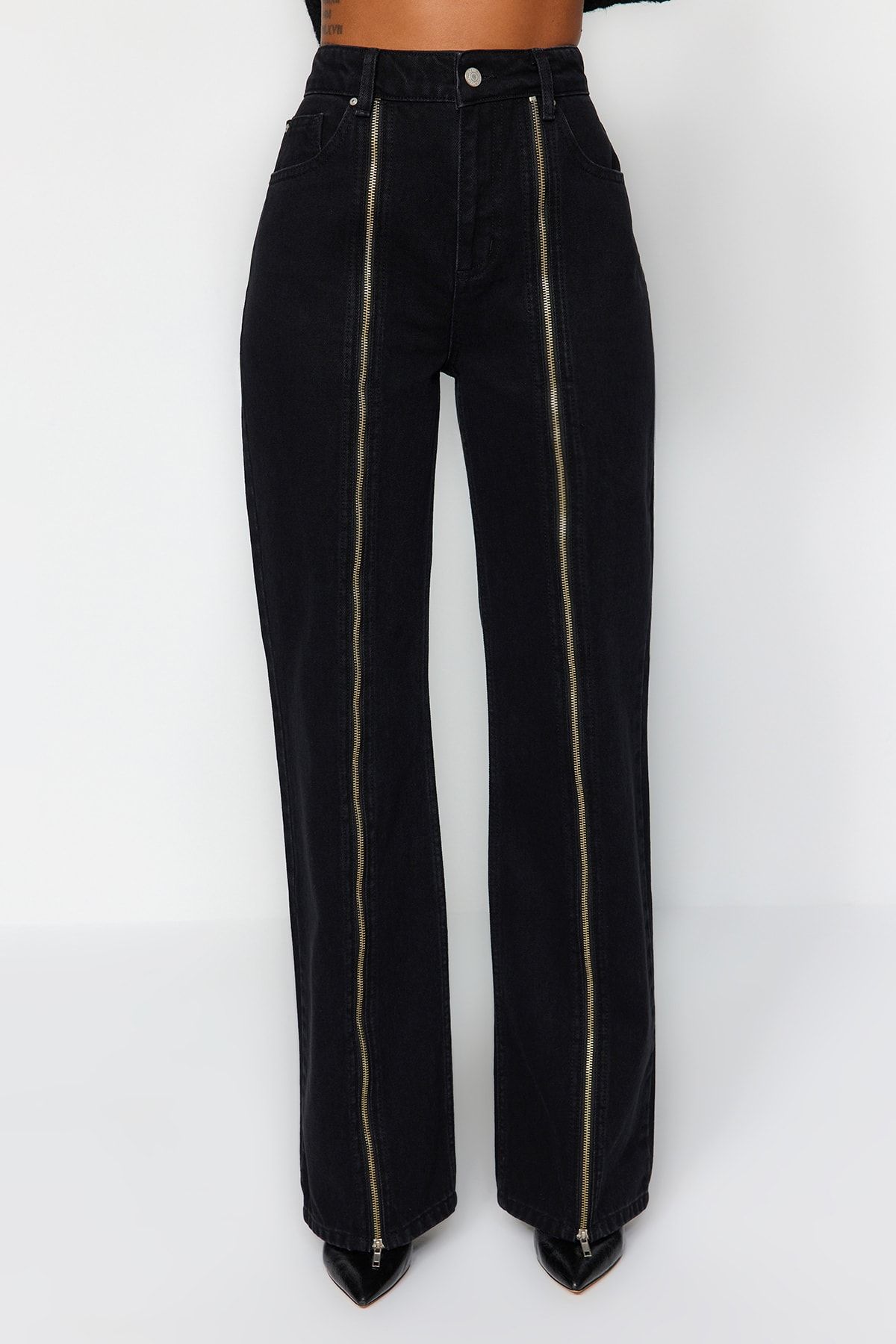 Trendyol Collection-Black Zipper Detailed High Waist Wide Leg Jeans TWOAW24JE00111 4